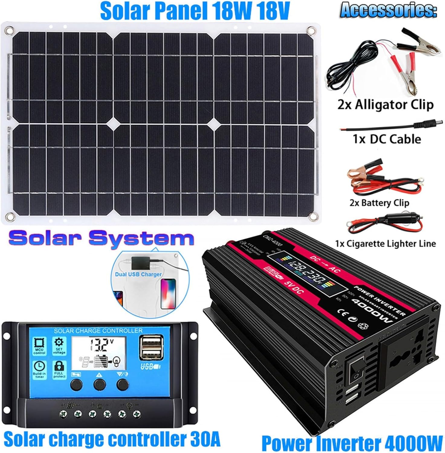 110V/220V 4000W Solar Panel Kit with 30A Controller and 18W 18V Solar Panel, Complete Solar Power System(Black,12V-110V)