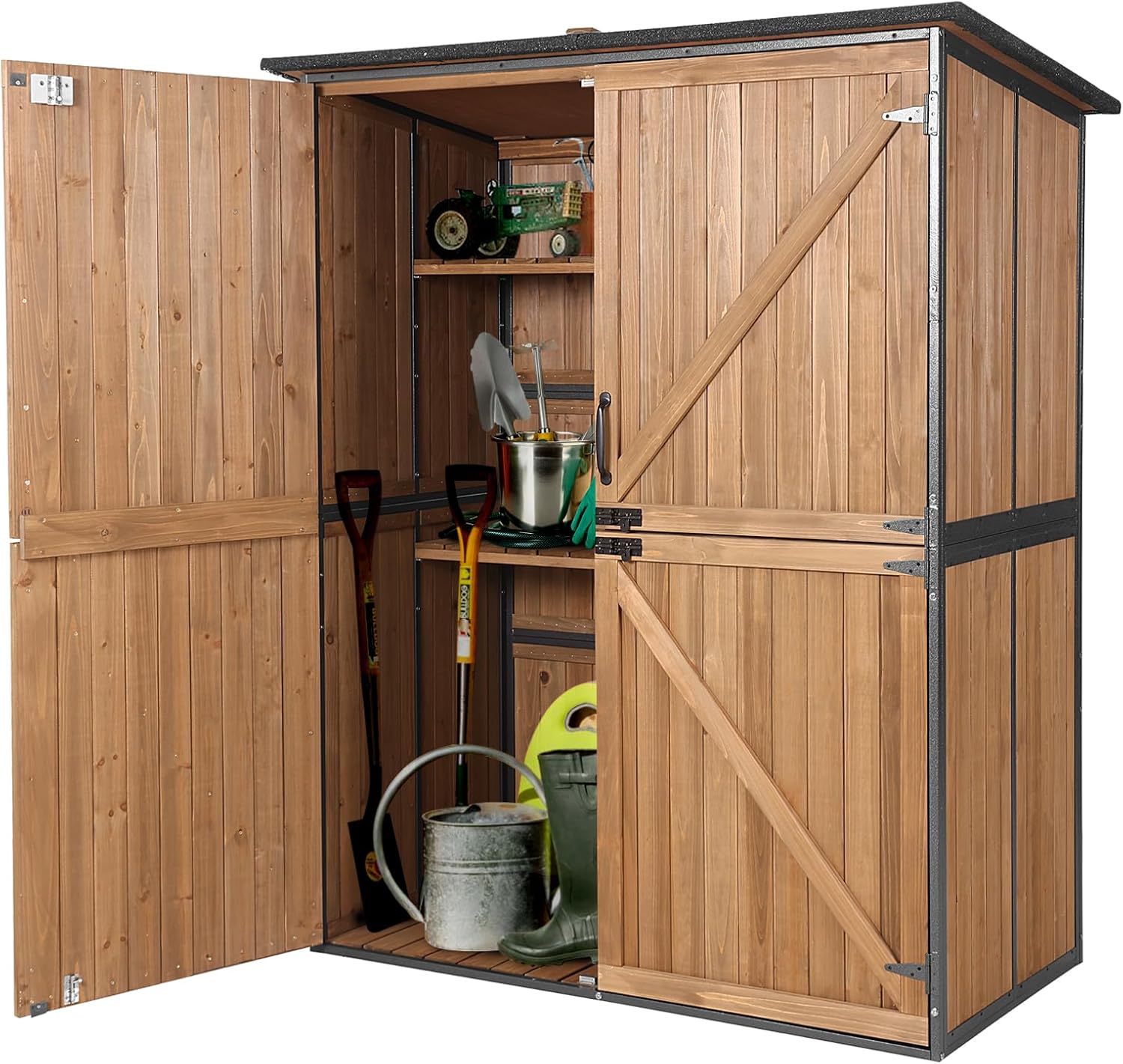 Aivituvin Outdoor Storage Shed with Floor, Garden Tool House with Metal Frame Structure, Large Wooden Cabinet with Adjustable Shelves for Backyard Garden Patio (Brown)