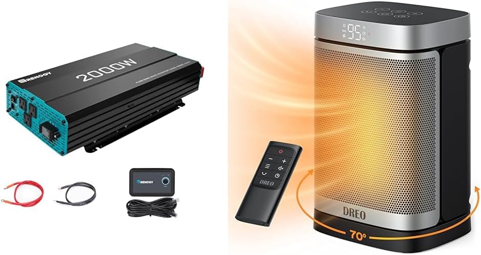 Renogy 2000W Pure Sine Wave Inverter 12V DC to 120V AC Converter for Home & Dreo Space Heater Indoor, 1500W Portable Heaters with Remote, PTC Ceramic Electric Heater