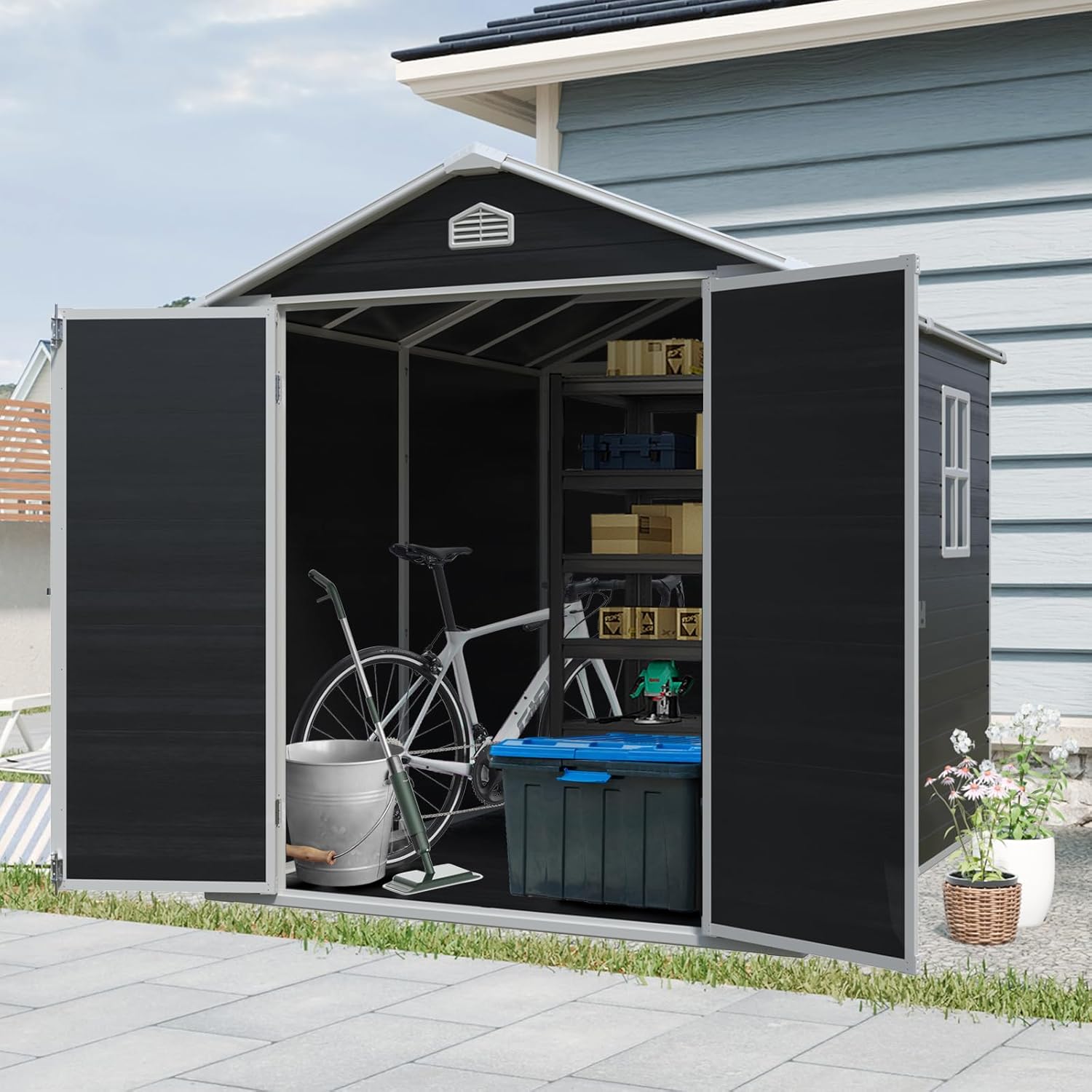 8x6 FT Outdoor Storage Shed,Resin Shed W/Side Window,Garden Tool House W/Lockable Door,Sloped Roof & Air Vents,for Backyard Patio Lawn,Black