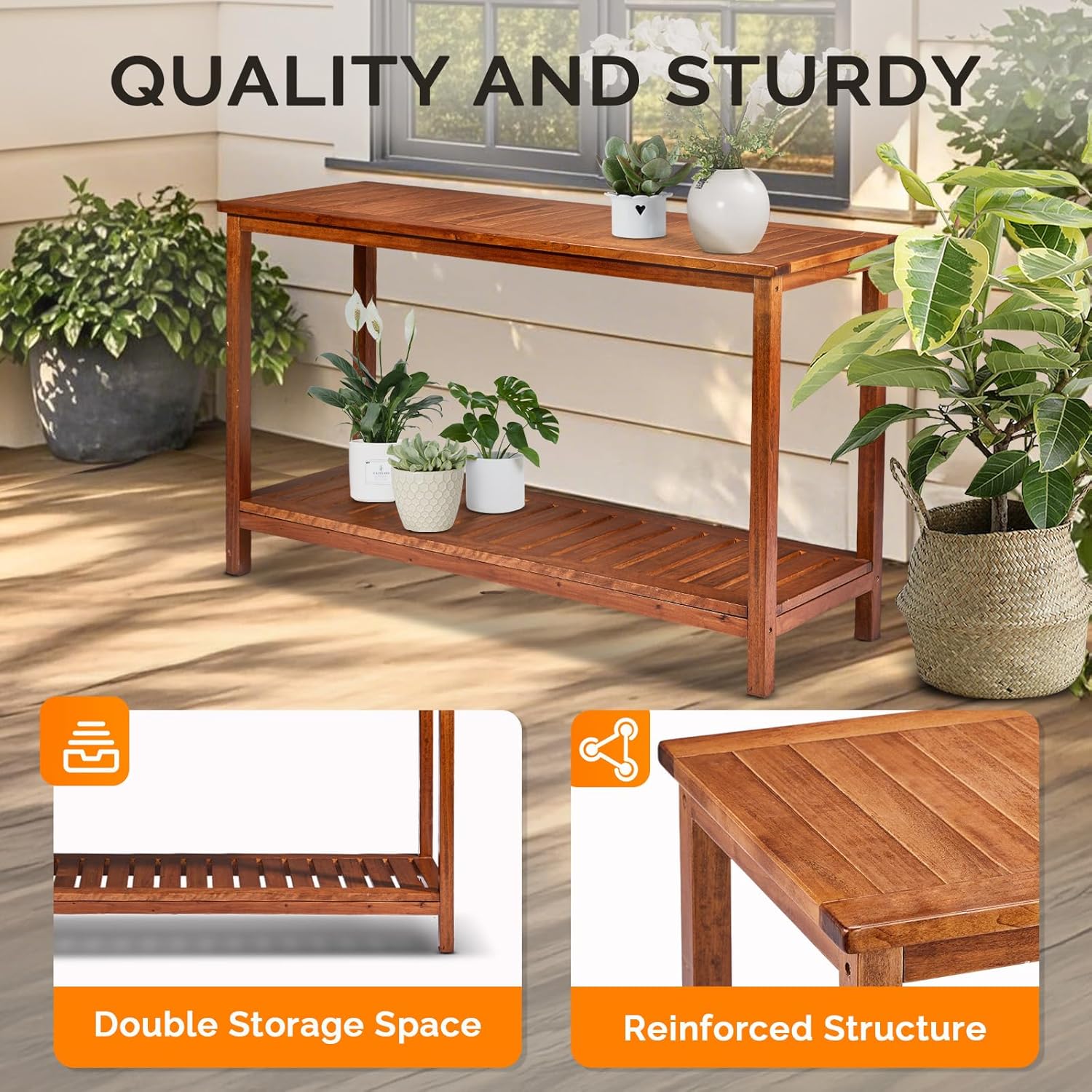 VINGLI 49in Solid Wood Outdoor Console Table, 2-Shelf Wooden Outdoor Accent Plant Table Multifunctional Buffet Bar Storage Organizer for Indoor Patio Porch and Entryway (Natural)