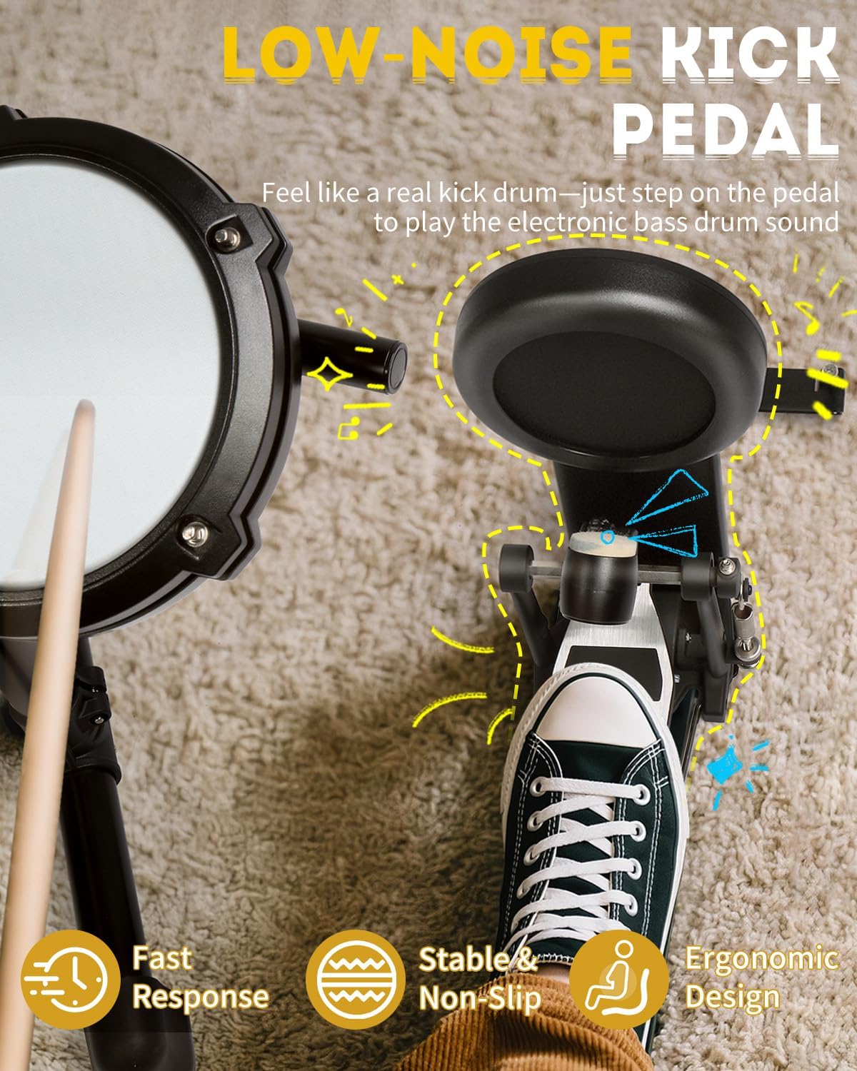 Ktaxon Electric Drum Set, Electronic Drum Set with Type-C Charging, USB MIDI & Quiet Mesh Drums, Premium Cymbals, Low-Noise Kick Pedal, Adjustable Throne, Headphones, Sticks and Velcro(Full)