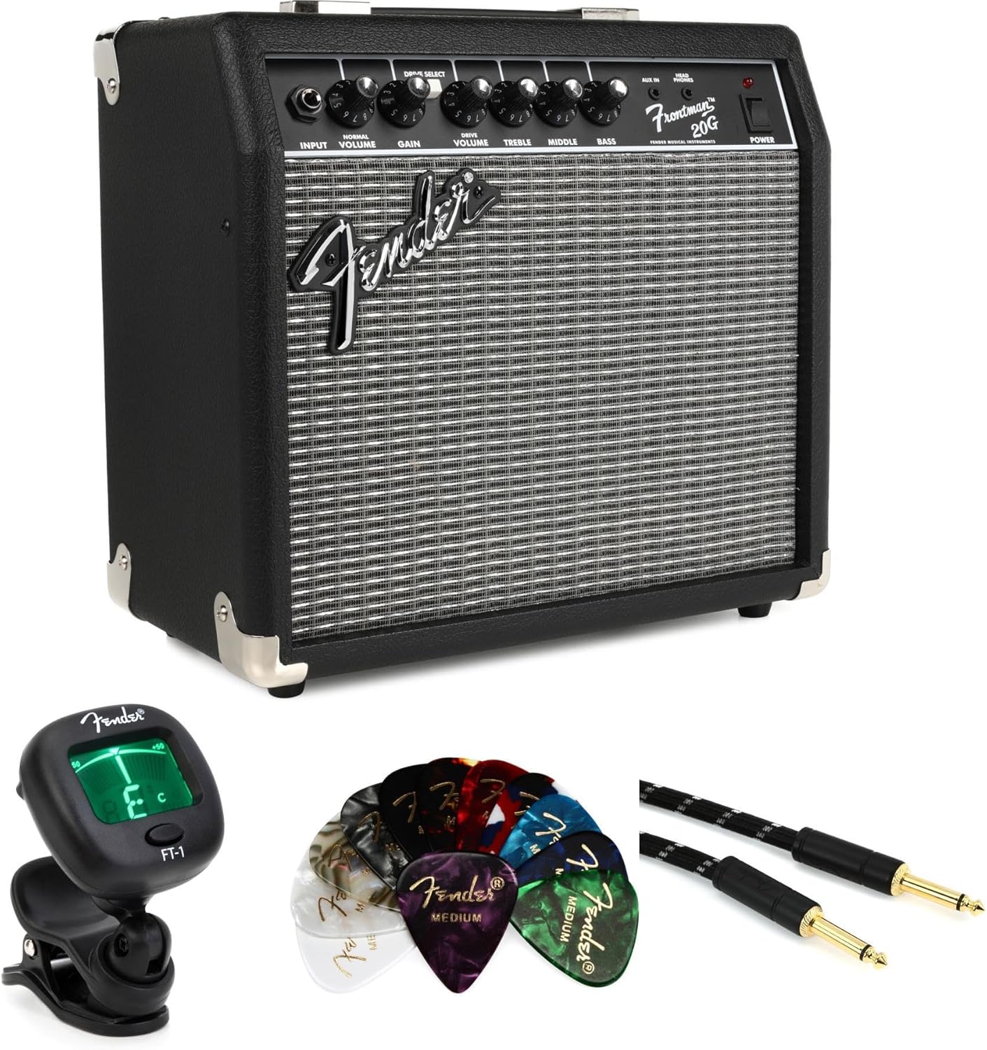 Fender Frontman 20-Watt Combo Amp Bundle - Includes 1x8-Inch 20-Watt Combo Amplifier, Tuner, Instrument Cable, and Picks - Perfect for Practice, Beginners, and Small Performances