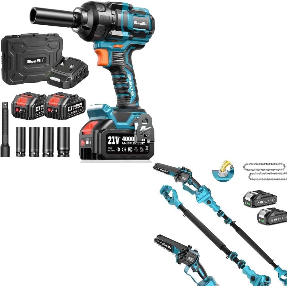 SEESII 2-in-1 Electric Pole Saws for Tree Trimming & Impact Wrench 886 FT-LBS(1200N.m)