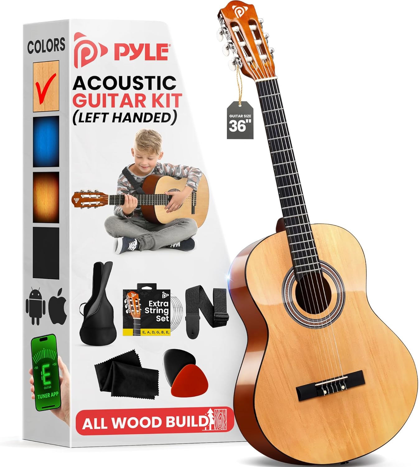 Pyle Left Handed Beginner Acoustic Guitar Kit, 3/4 Junior Size All Wood Instrument for Kids, Adults, 36