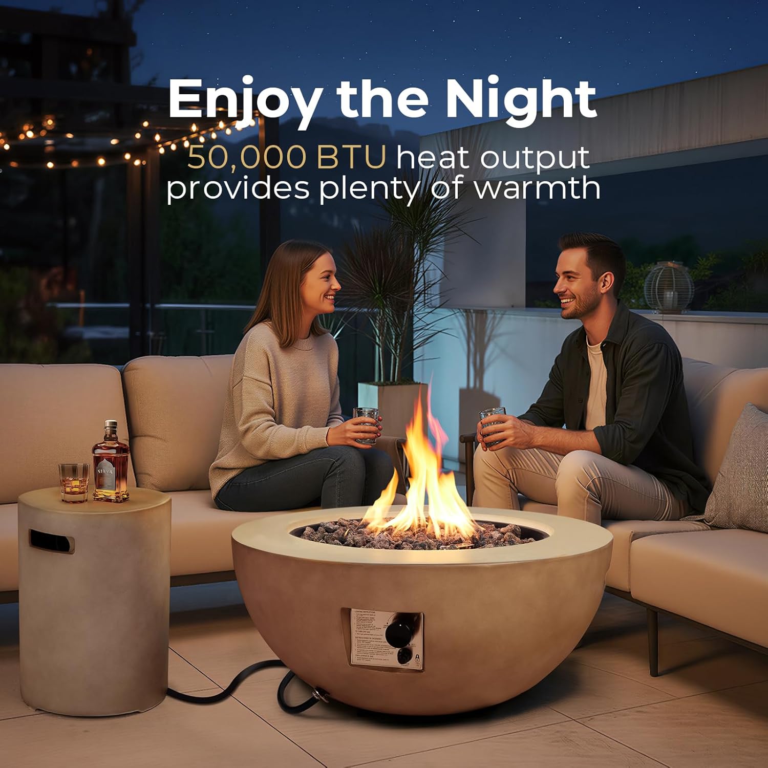 2-Piece Outdoor Propane Fire Pit Table Set w/Tank Cover Table, 31.5-inch 50,000 BTU Bowl Concrete Firepit SUS201 Round Burner with Steel Lid, Lava Rocks, Rain Cover…