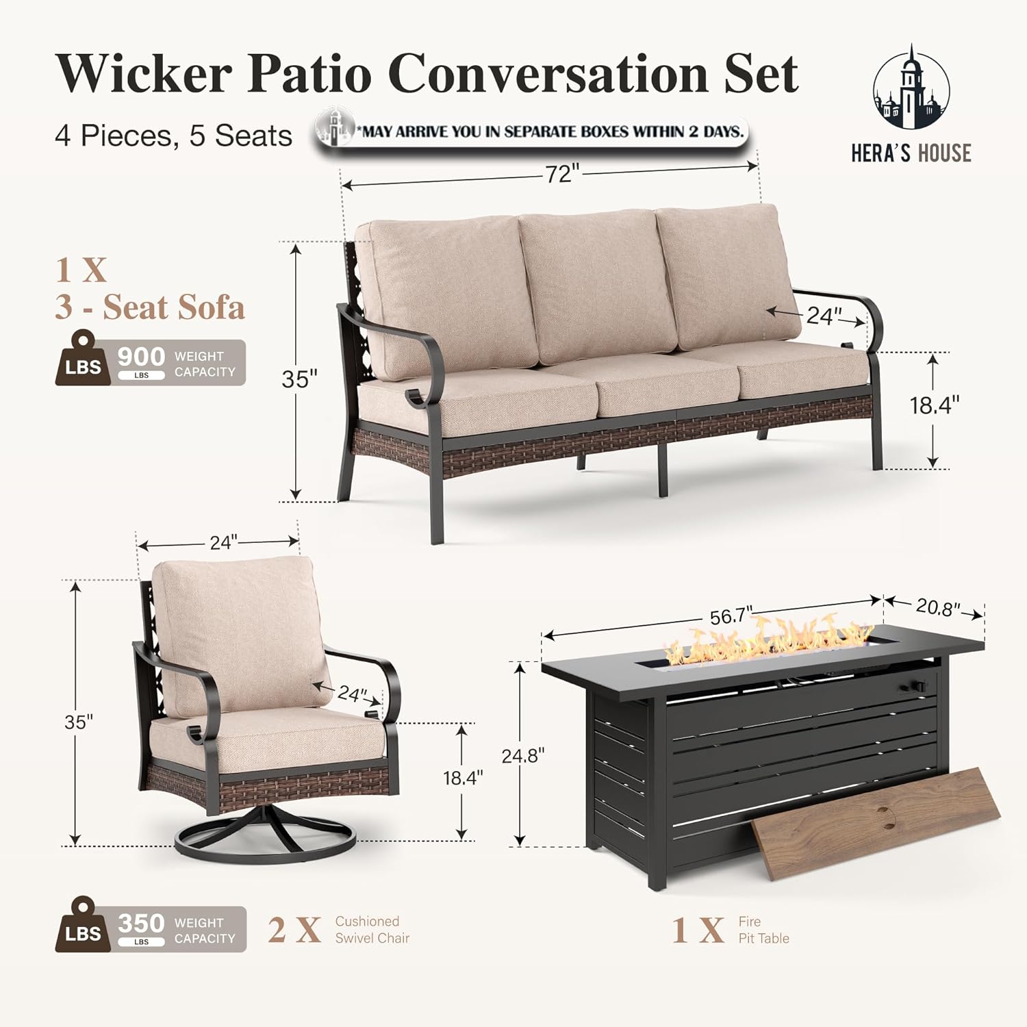 HERA'S HOUSE 4 Piece Patio Furniture Set with 56