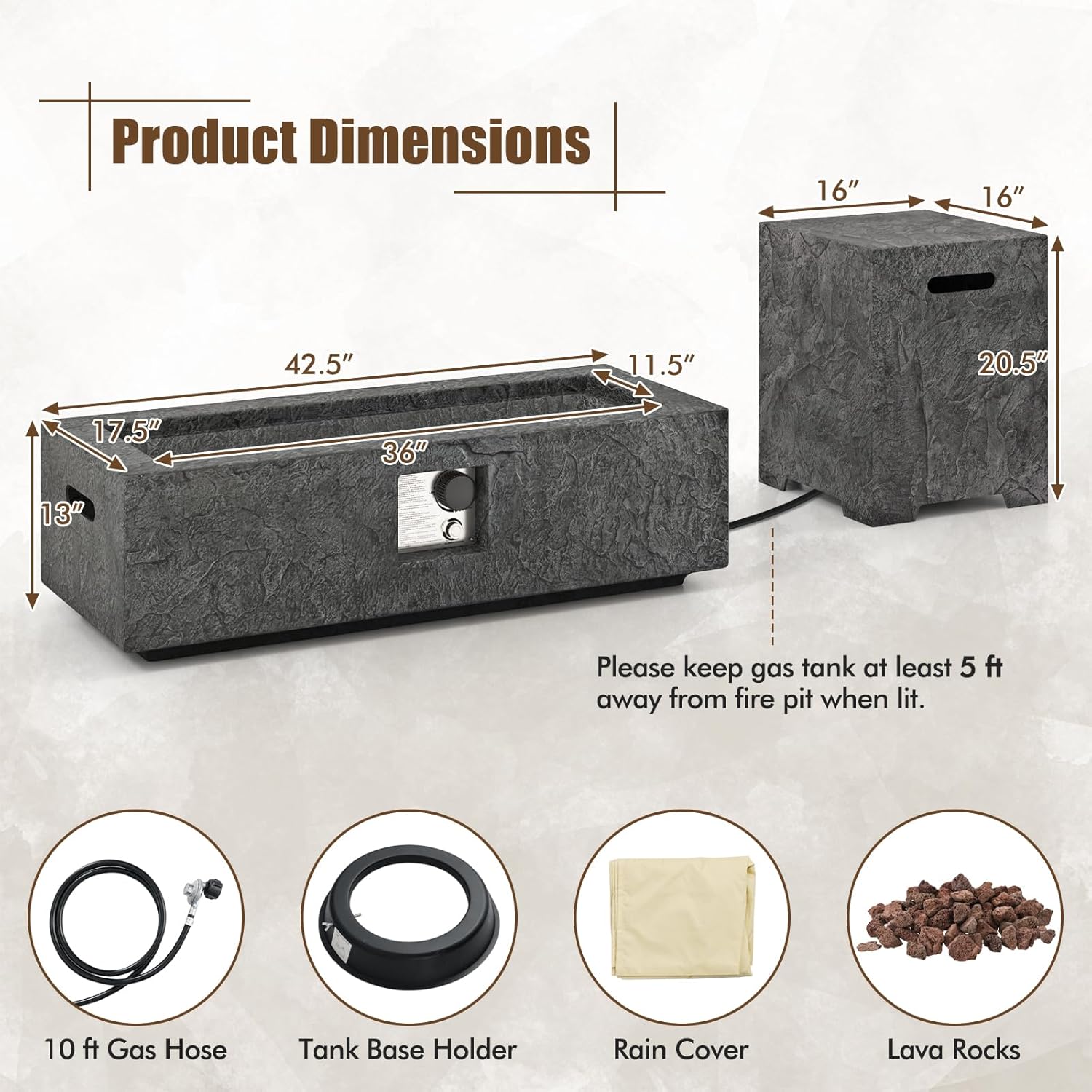 Tangkula 2 Piece Propane Fire Pit Table Set with Tank Holder, 50,000 BTU 42.5 Inch Outdoor Rectangular Gas Fire Table with Lava Rocks, Stainless Steel Burner and Protective Cover for Outside Patio
