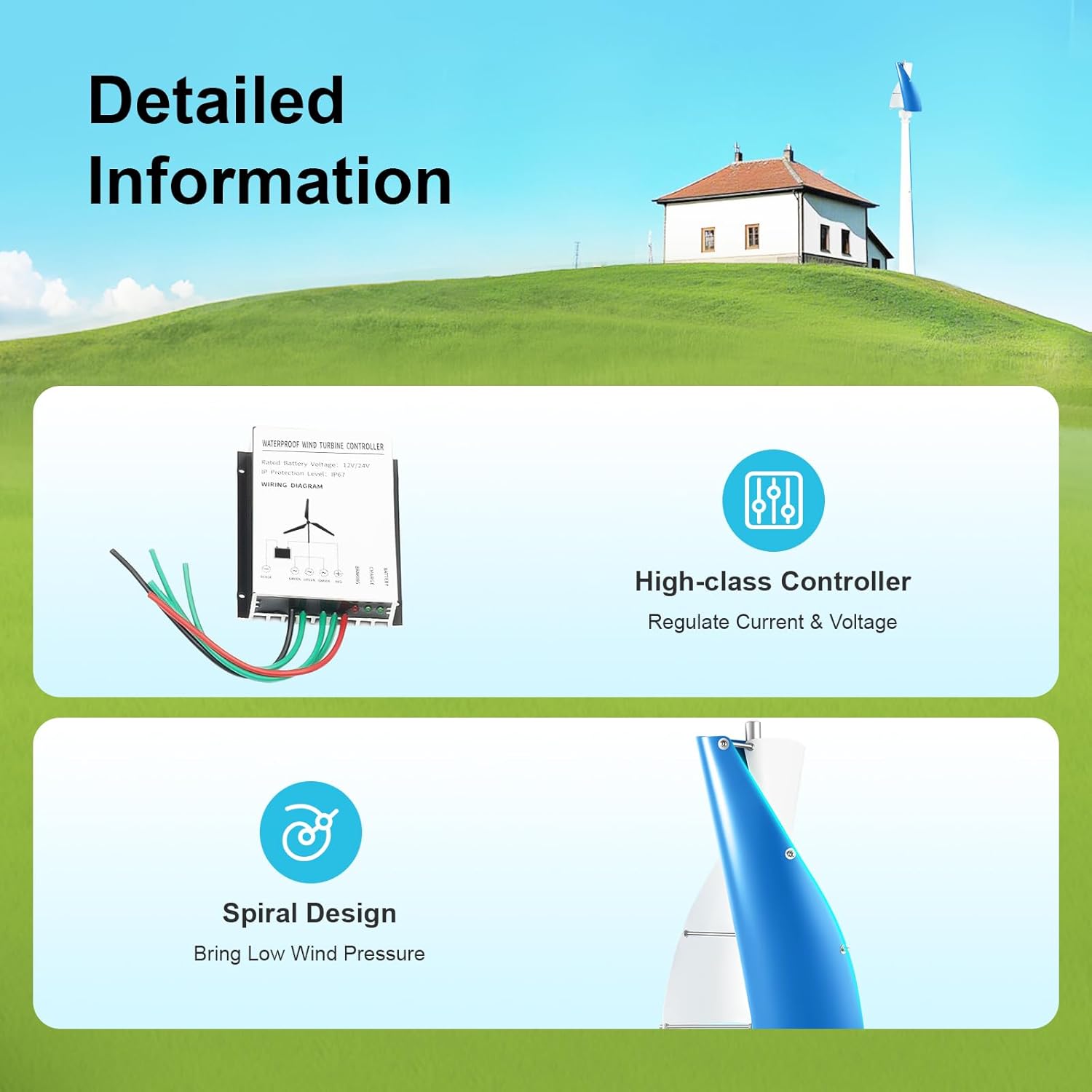 Vertical Wind Turbine, 500W No Noise Vertical Axis Helix Wind Turbine Generator with Controller, Portable Wind Turbine Power Generation Kit for Home Use, Business, and Industrial Energy