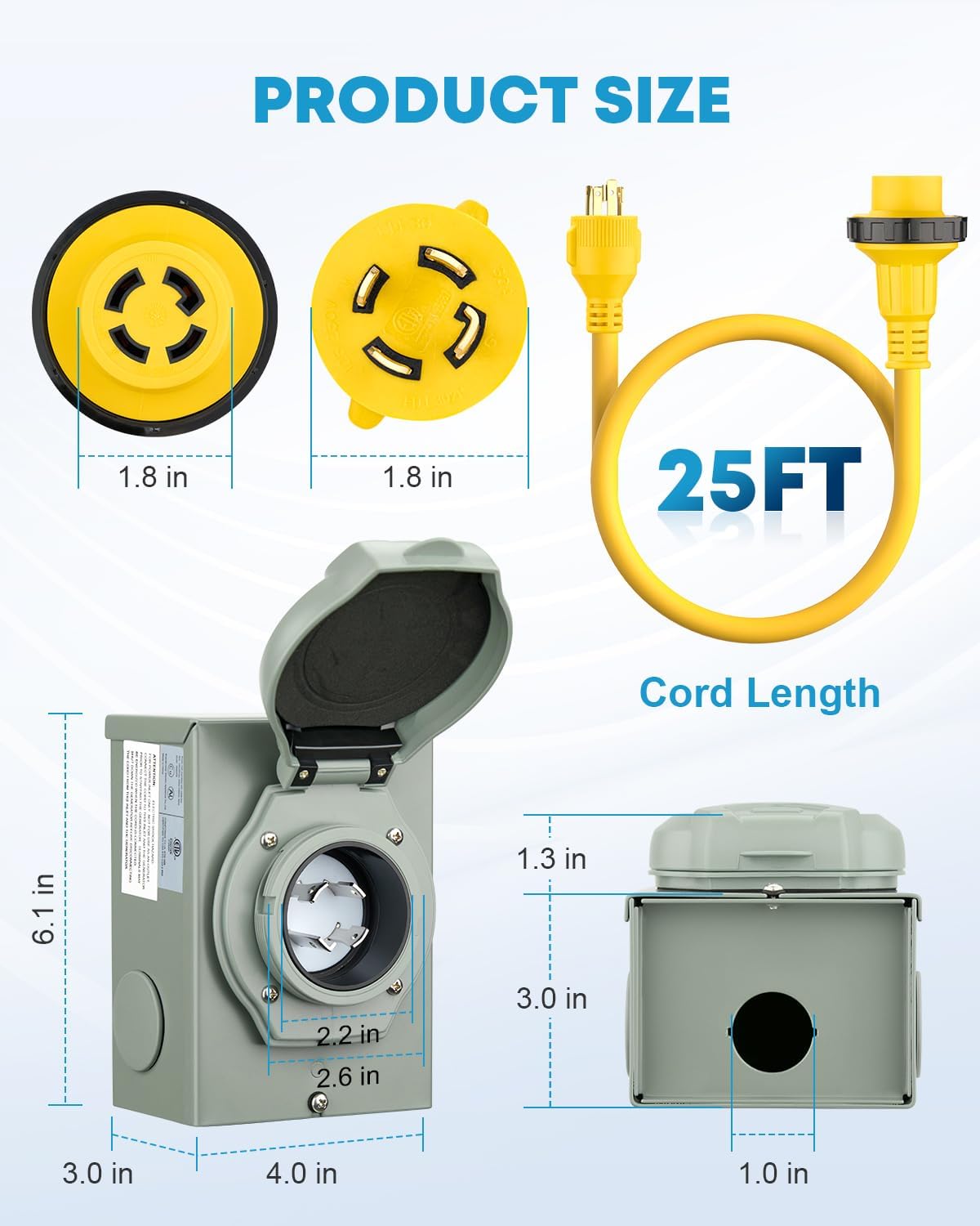 Kohree 25 Feet 30 Amp Generator Cord and Power Inlet Box Kit, 4 Prong NEMA L14-30P to L14-30R Generator Extension Cord, 30Amp Pre-Drilled Inlet Box with Cord Waterproof Combo Kit, 125/250V, ETL Listed