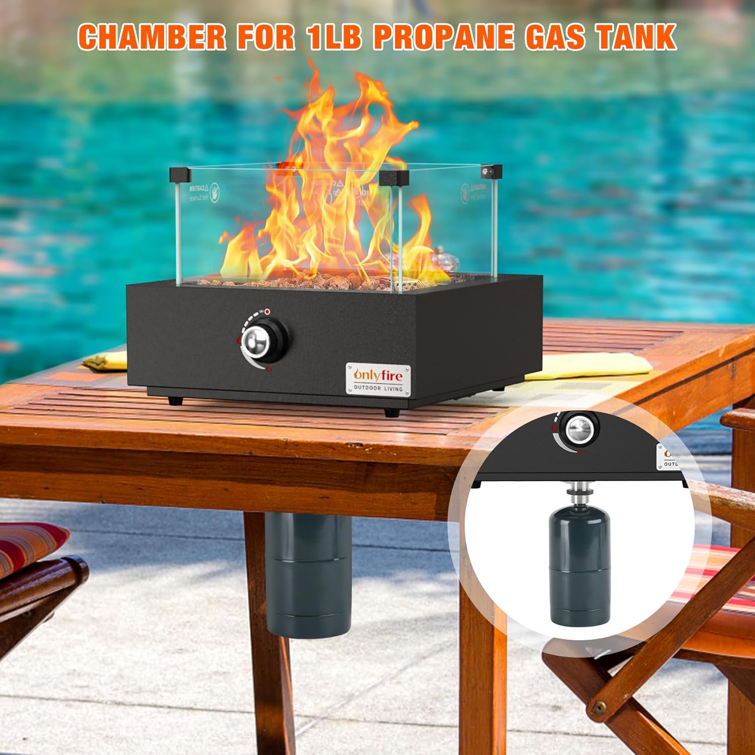 ONLYFIRE OUTDOOR LIVING Gas Fire Pit Bottom-Mounted for Table with Umbrella Hole, Portable Tabletop Smokeless Firepit with Wind Guard, Propane Firepit for Patio Camping RV Tailgating, Square FP041