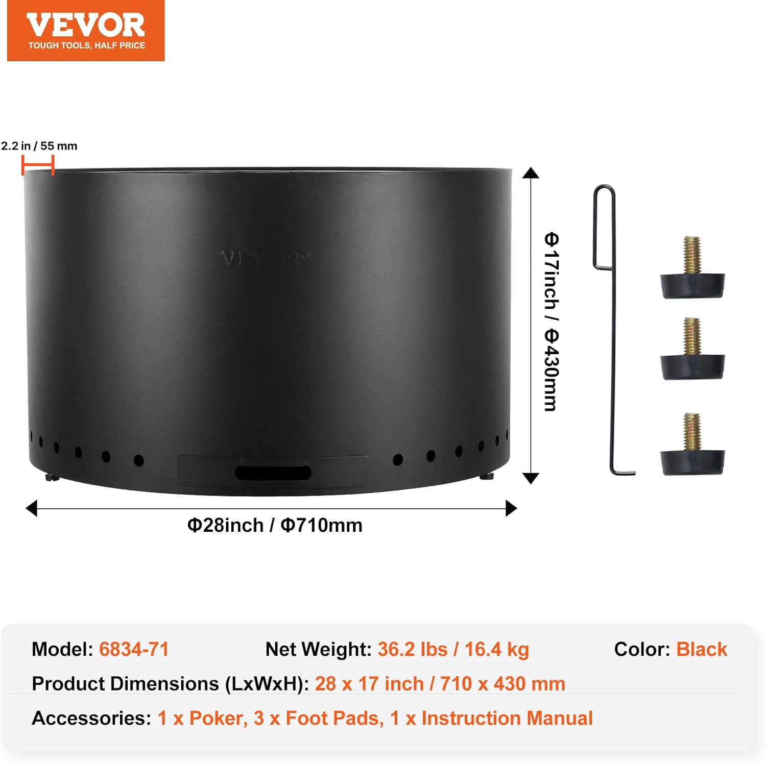 VEVOR 28 inch Smokeless Fire Pit Stove Bonfire, Wood Burning Fireplaces with Removable Ash Pan, SUS430 Stainless Steel Inner Portable Outdoor Firepit,for Outdoor Patio Camping High 17 inch