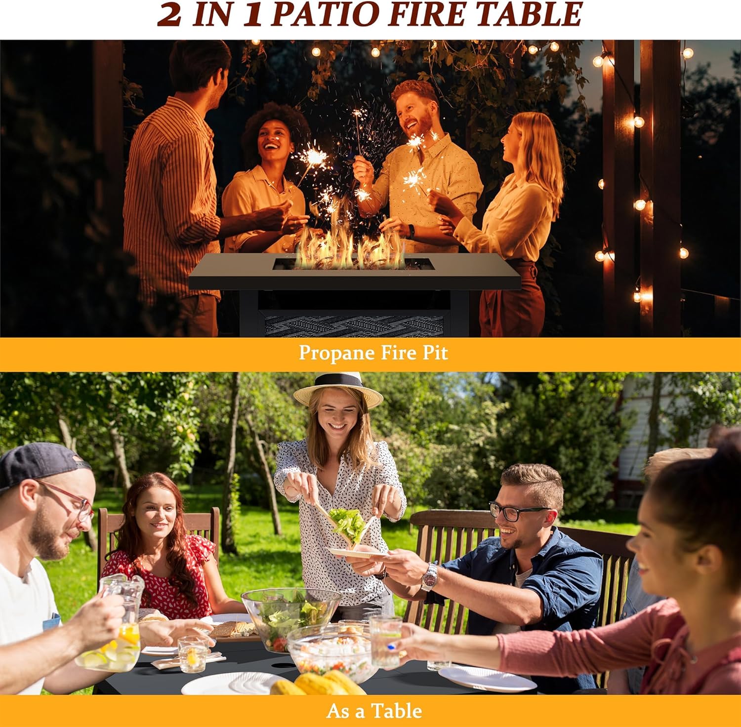 Vongrasig Propane Fire Pit, 28” Outdoor Gas Fire Pit, 50,000 BTU 2-in-1 Texteline Pattern Fire Table with Removable Lid for Outside Patio, Backyard, Garden, Square