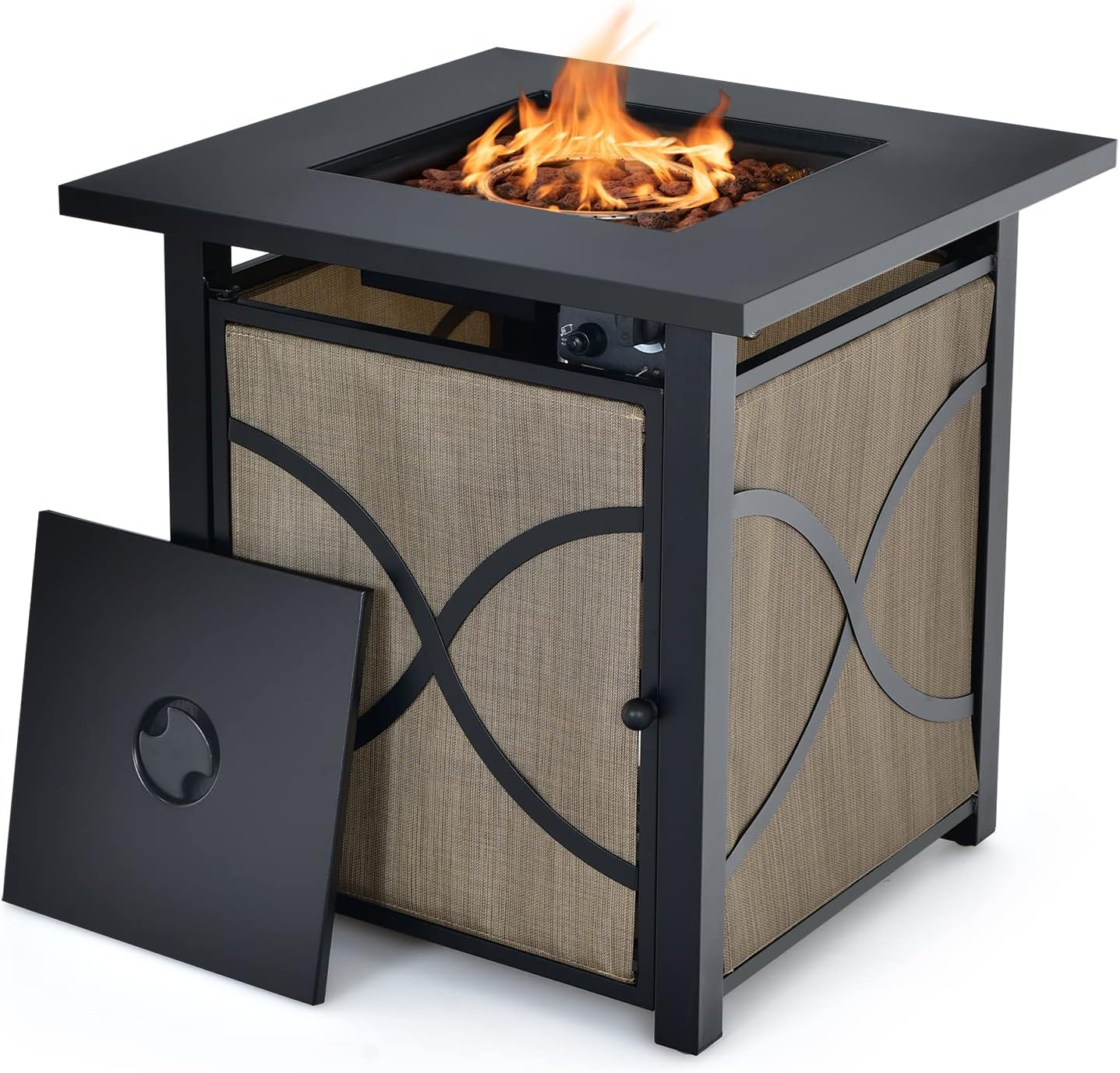 Tangkula 25-Inch Propane Fire Pit Table, Patiojoy 40,000 BTU Auto Ignition Gas Fire Table with Removable Lid, Fire Glass, Adjustable Flame, Suitable for Patio, Balcony, Garden, Poolside