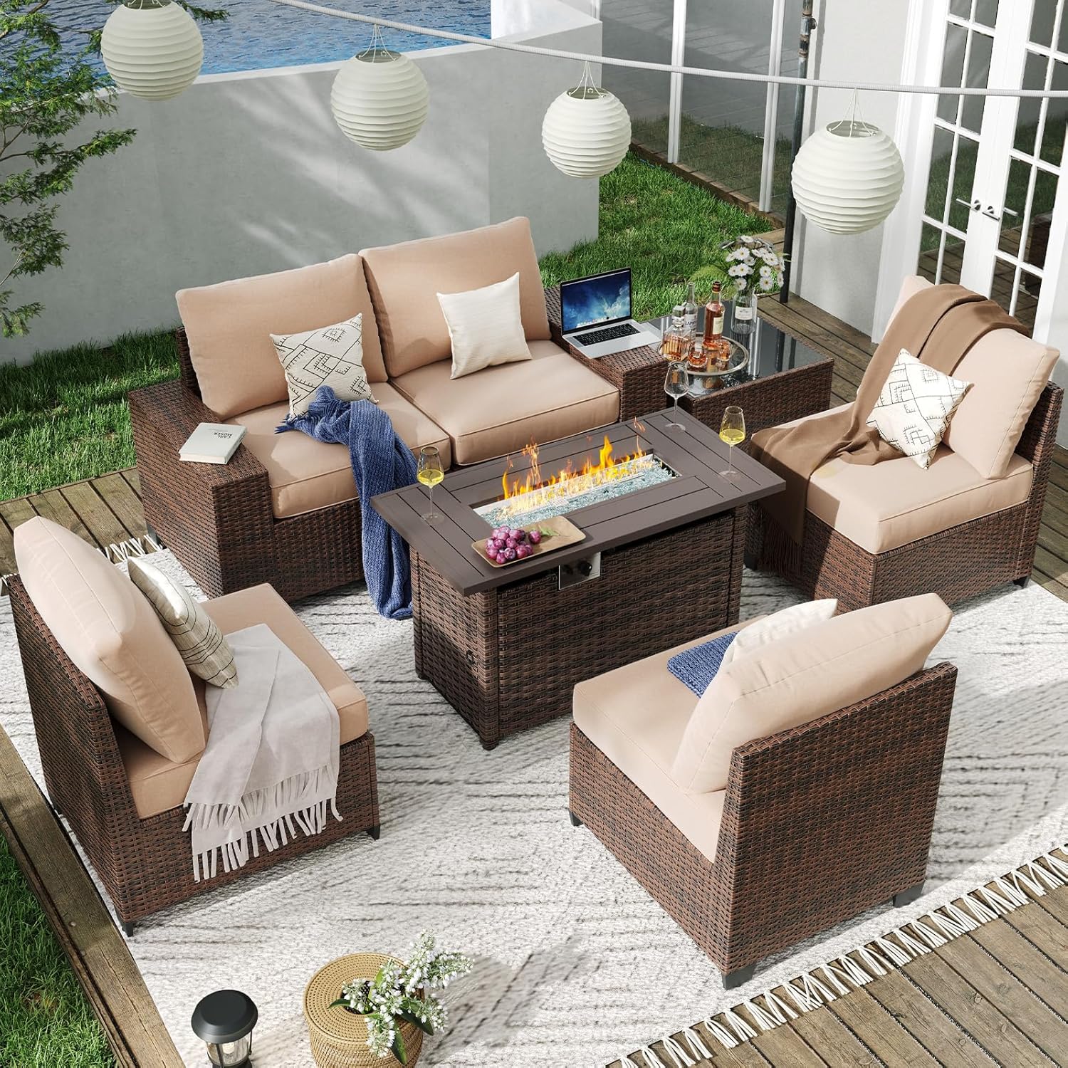 Aoxun 7 Pieces Patio Furniture Set with 44” Fire Pit Table Wicker Rattan Outdoor Sectional Conversation Set with Coffee Table and 4” Thickened Cushions, Beige (Waterproof Cover Included)