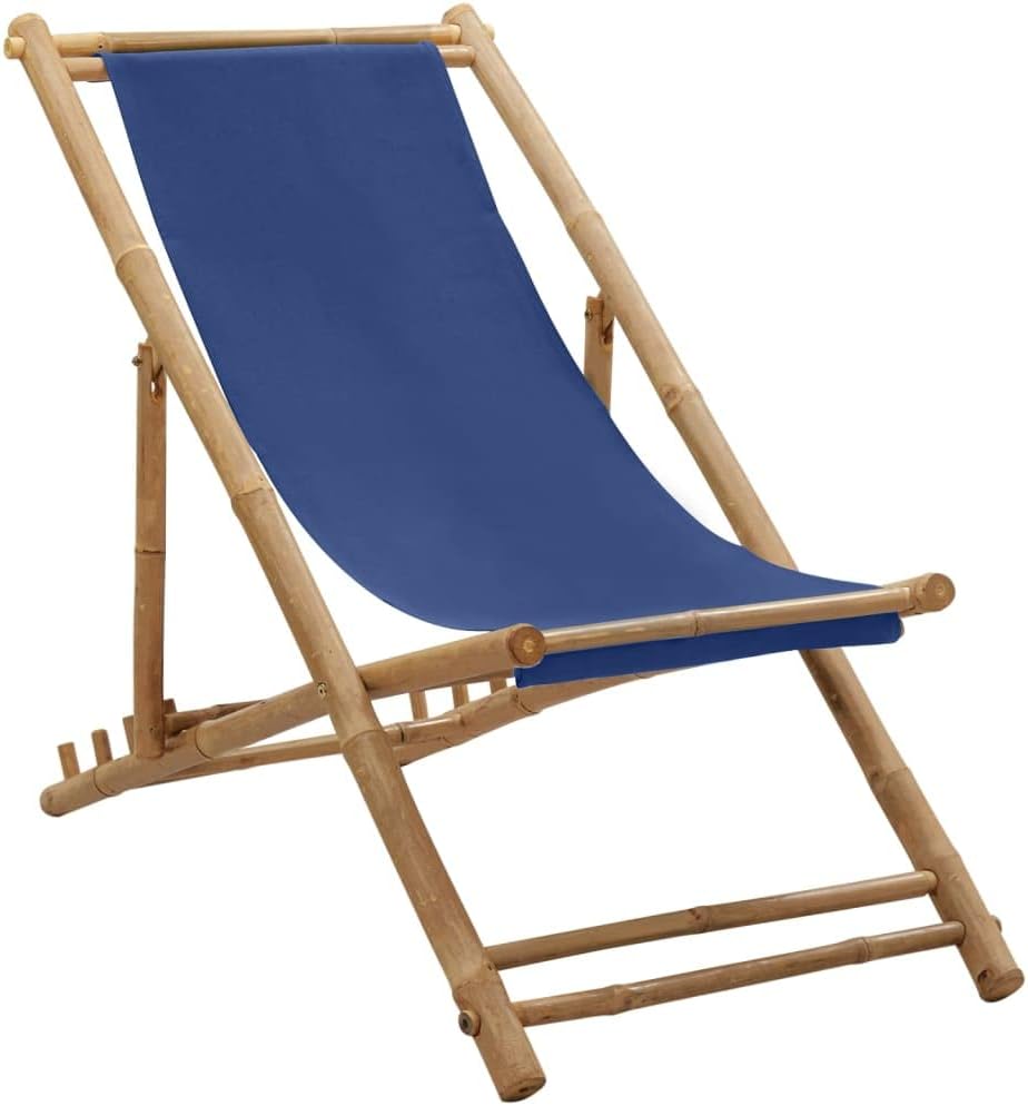 Deck Chair Bamboo and Canvas Navy Blue,Adjustable Bamboo and Canvas Deck Chair for Patio, Beach, and Camping Outdoor Furniture, Outdoor Chairs
