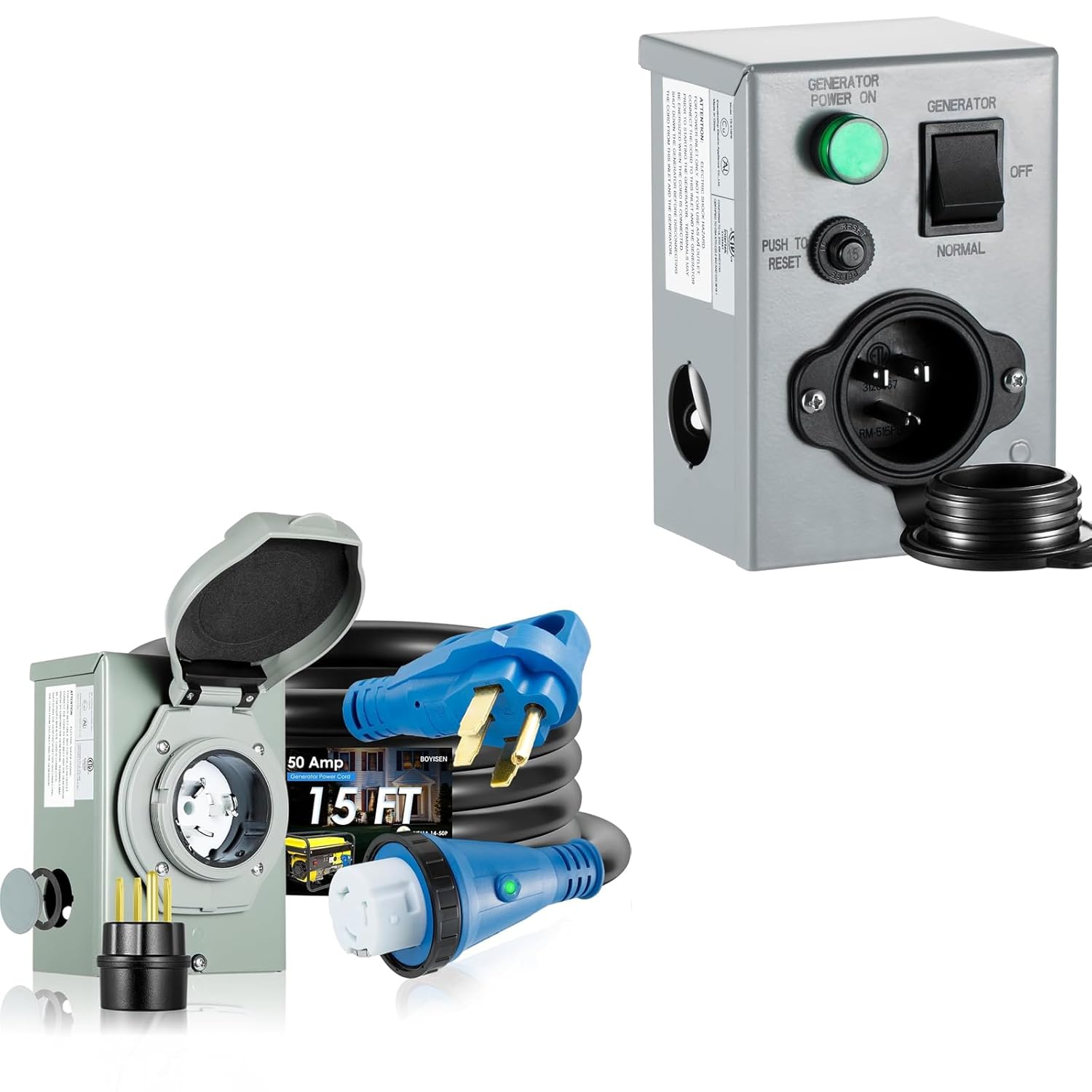 BOYISEN Generator Power Combo: 15A Transfer Switch & 50A Inlet Box with 15FT Cord for Home Backup & RV