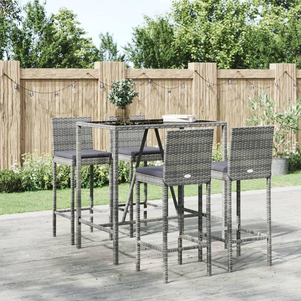 5-Piece Garden Bar Set, Grey PE Rattan Outdoor Dining Table and Chairs with Footrest, Powder-Coated Steel Frame, Rectangular Balcony Furniture for Patio