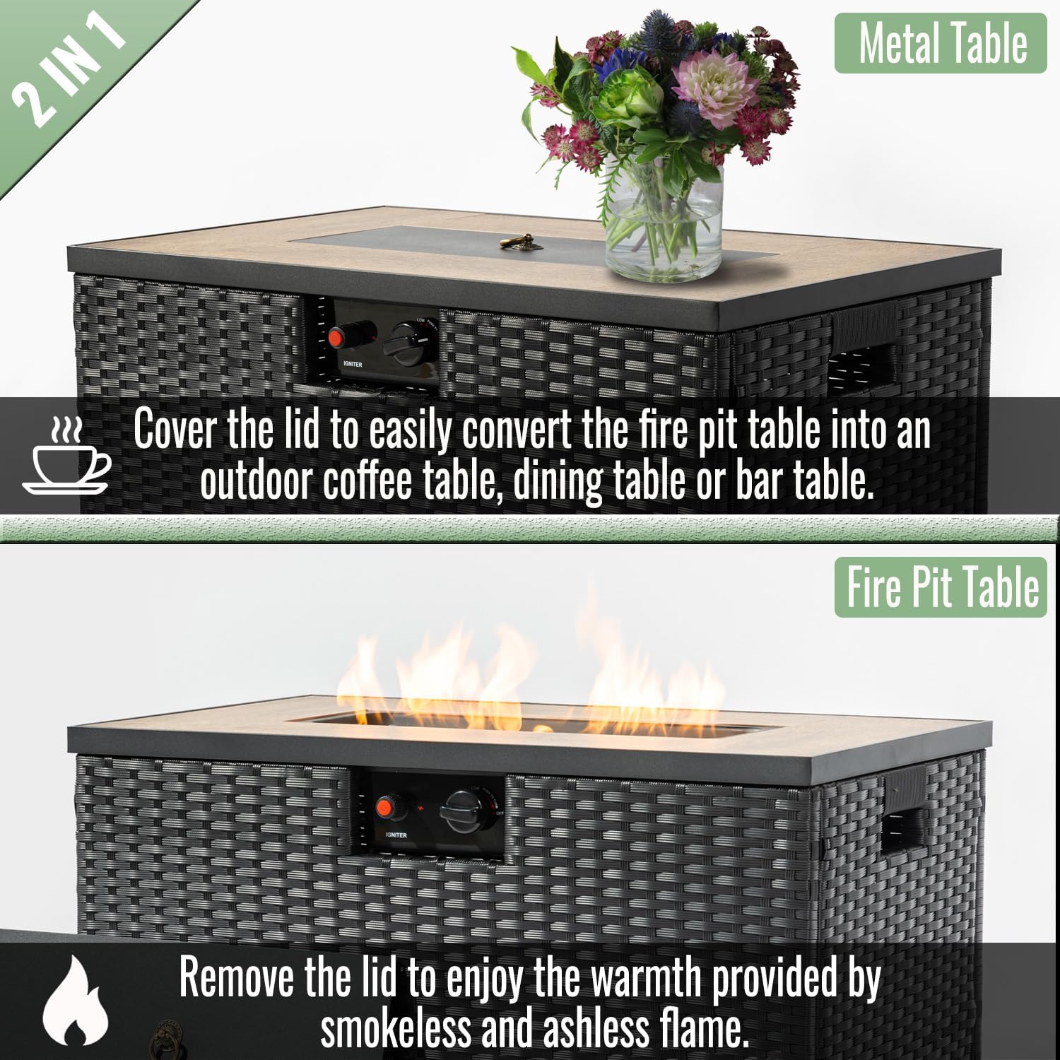 50000BTU 32 inch Rectangular Liquid Propane Fire Pit Table Ceramic Tile Top Dark Brown Resin Wicker Base Durable Steel Frame Complete Kit