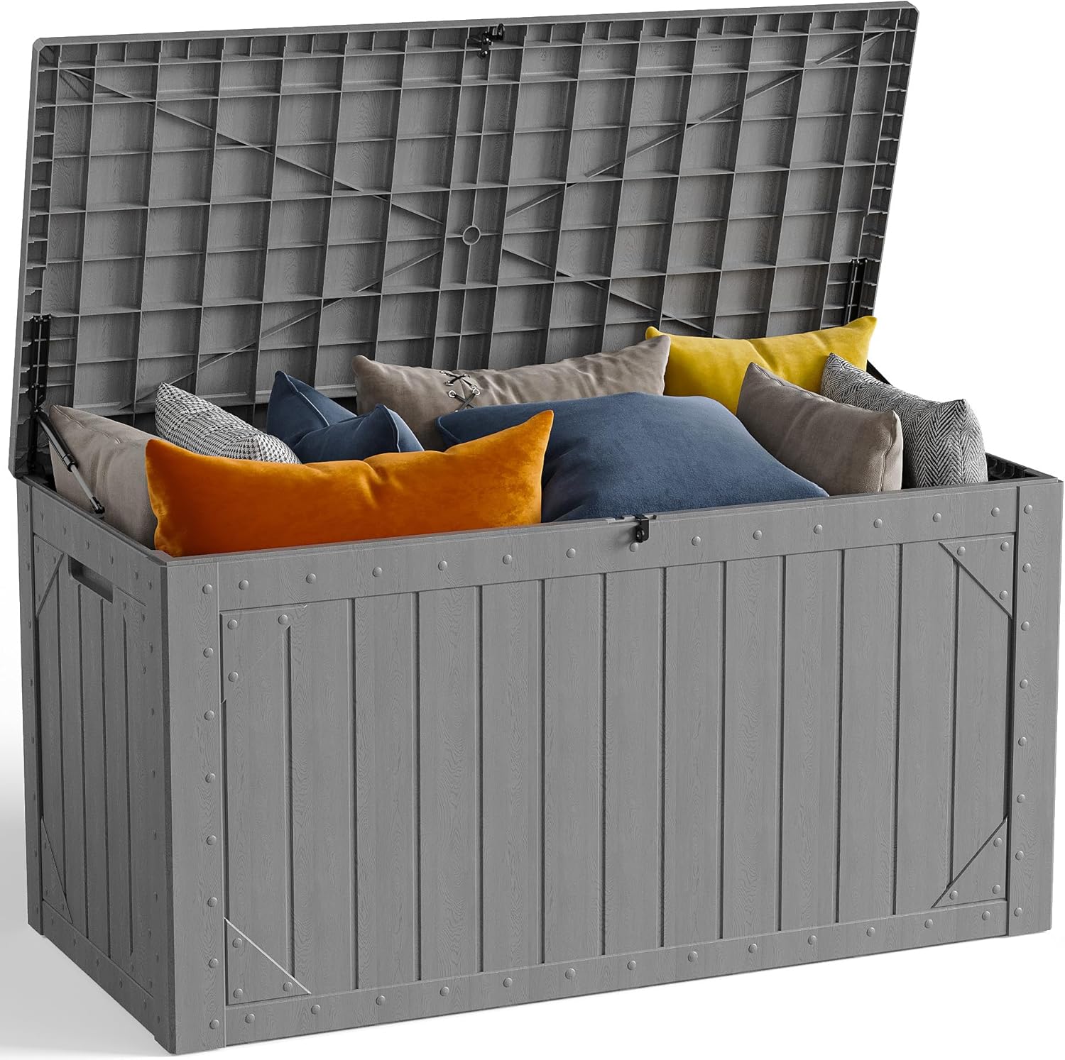 100 Gallon Outdoor Storage Box, Waterproof Resin Deck Box Organizer for Patio Cushion Storage, Lockable Outside Container for Garden Tools