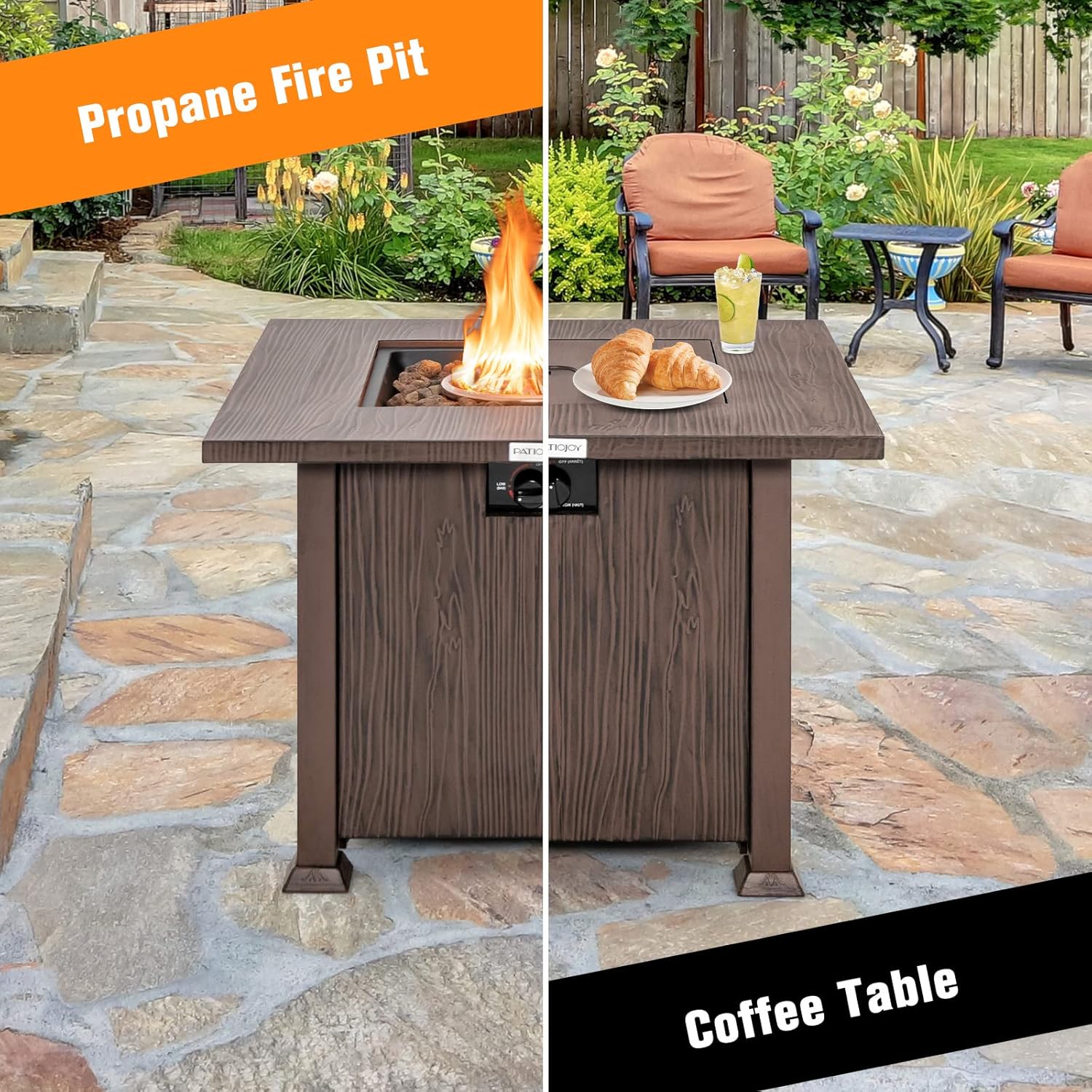 Tangkula 32 Inches Propane Fire Pit, Patiojoy 50,000 BTU Gas Fire Pit Table with Lid, Lava Rocks, Protective Cover, 2-in-1 Outdoor Fire Table with Adjustable Flame, Stainless Steel Burner (Brown)
