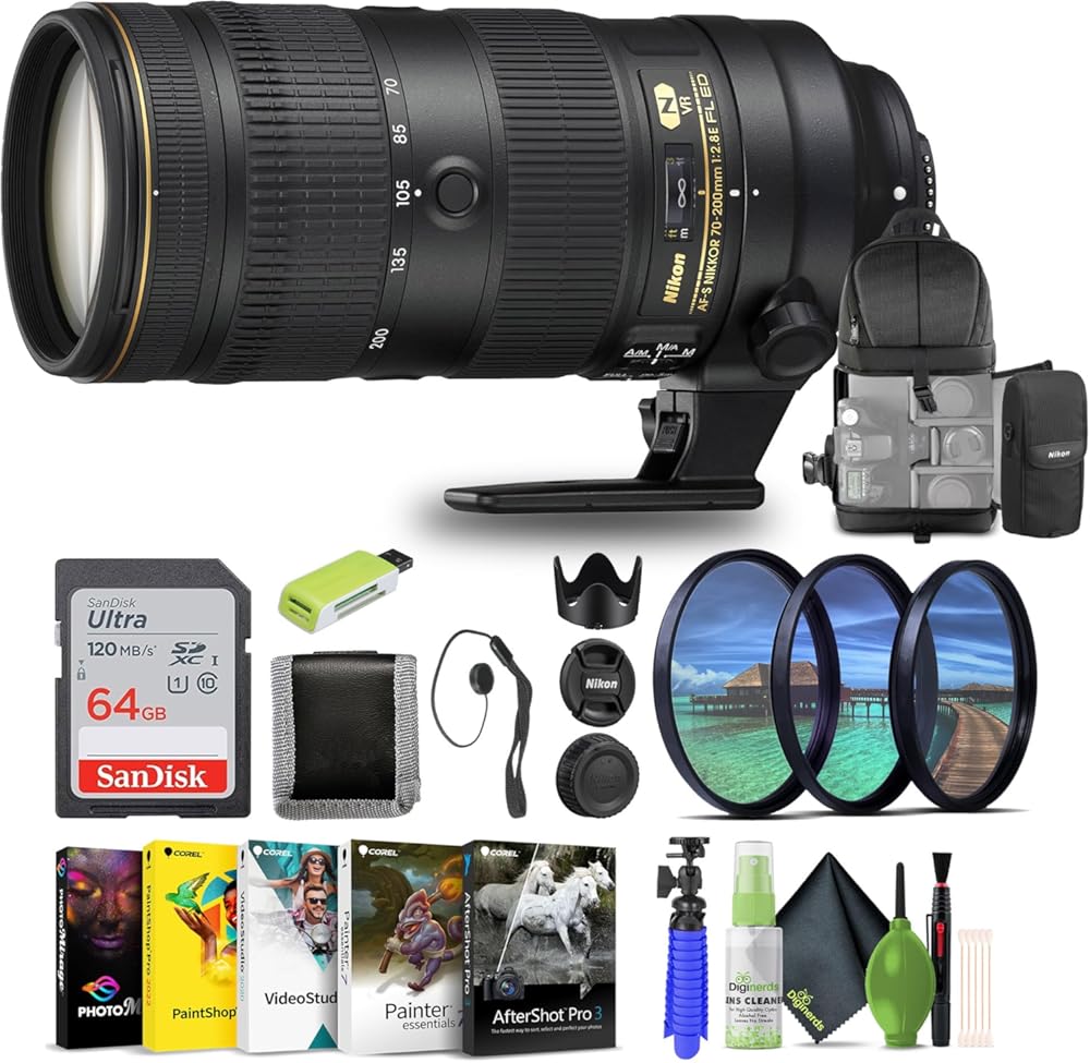 Nikon - AF-S NIKKOR 70-200mm f/2.8G ED VR II Telephoto Zoom Lens (2185) + 64GB Memory Card + Filter Kit + Backpack + Card Reader + Corel Photo Software + Flex Tripod + Memory Wallet + More