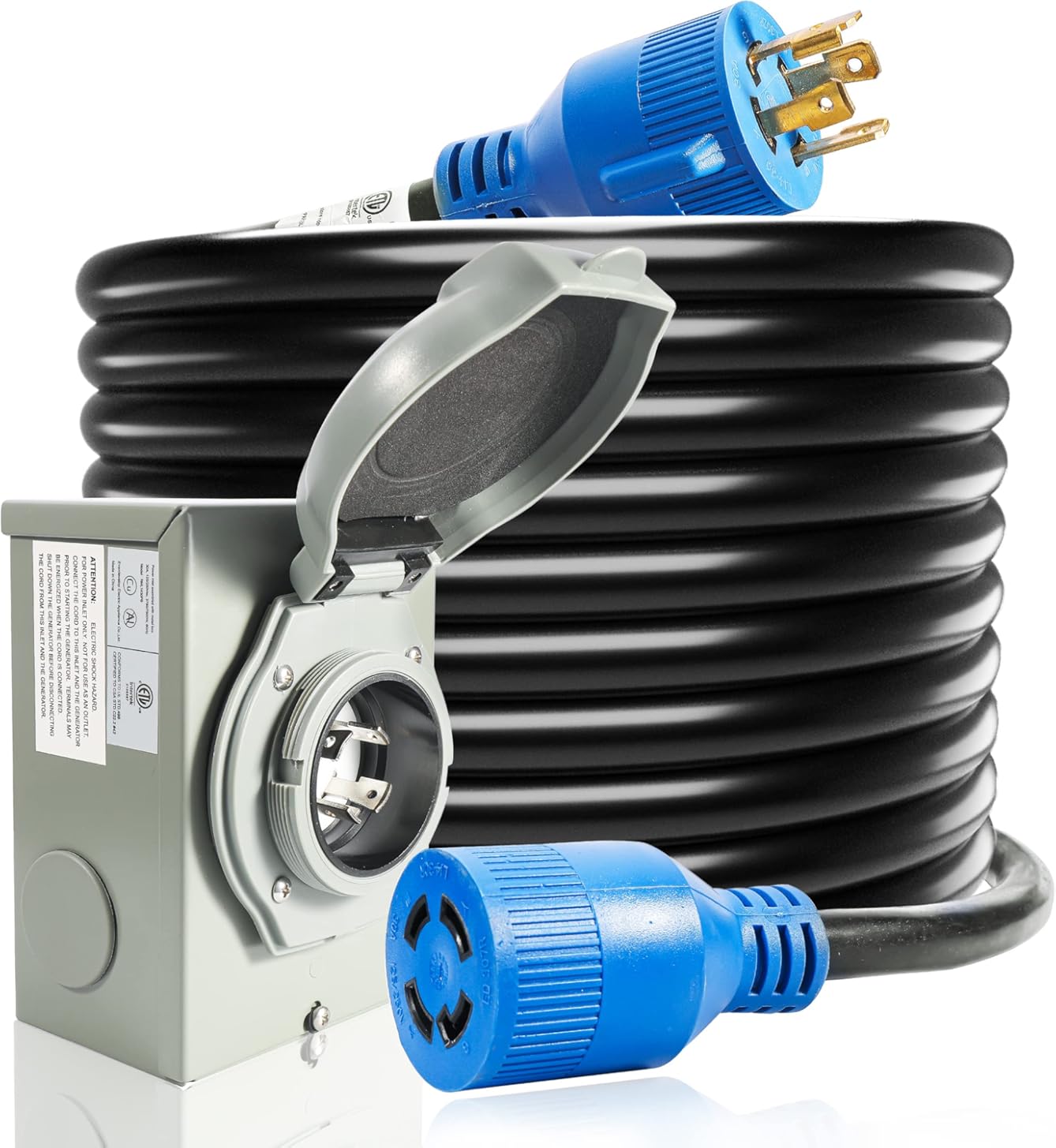 30 Amp Generator Cord and Power Inlet Box, 50FT Generator Cords 30 Amp,125V/250V Generator Power Cord NEMA L14-30P to L14-30R,Twist Lock Connector