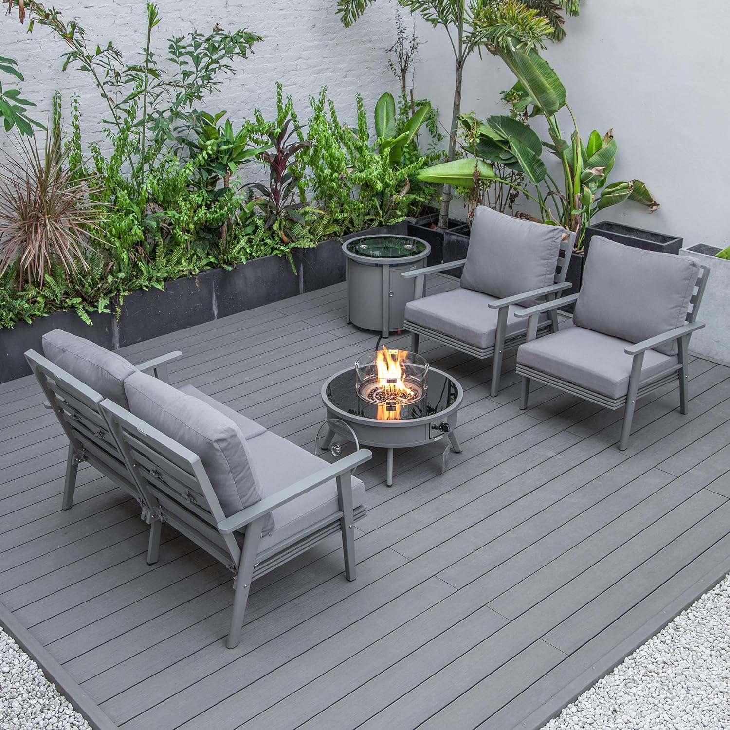 LeisureMod Walbrooke Modern Aluminum 5-Piece Patio Conversation Set with Outdoor Round Firepit Side Table Tank Holder, Grey