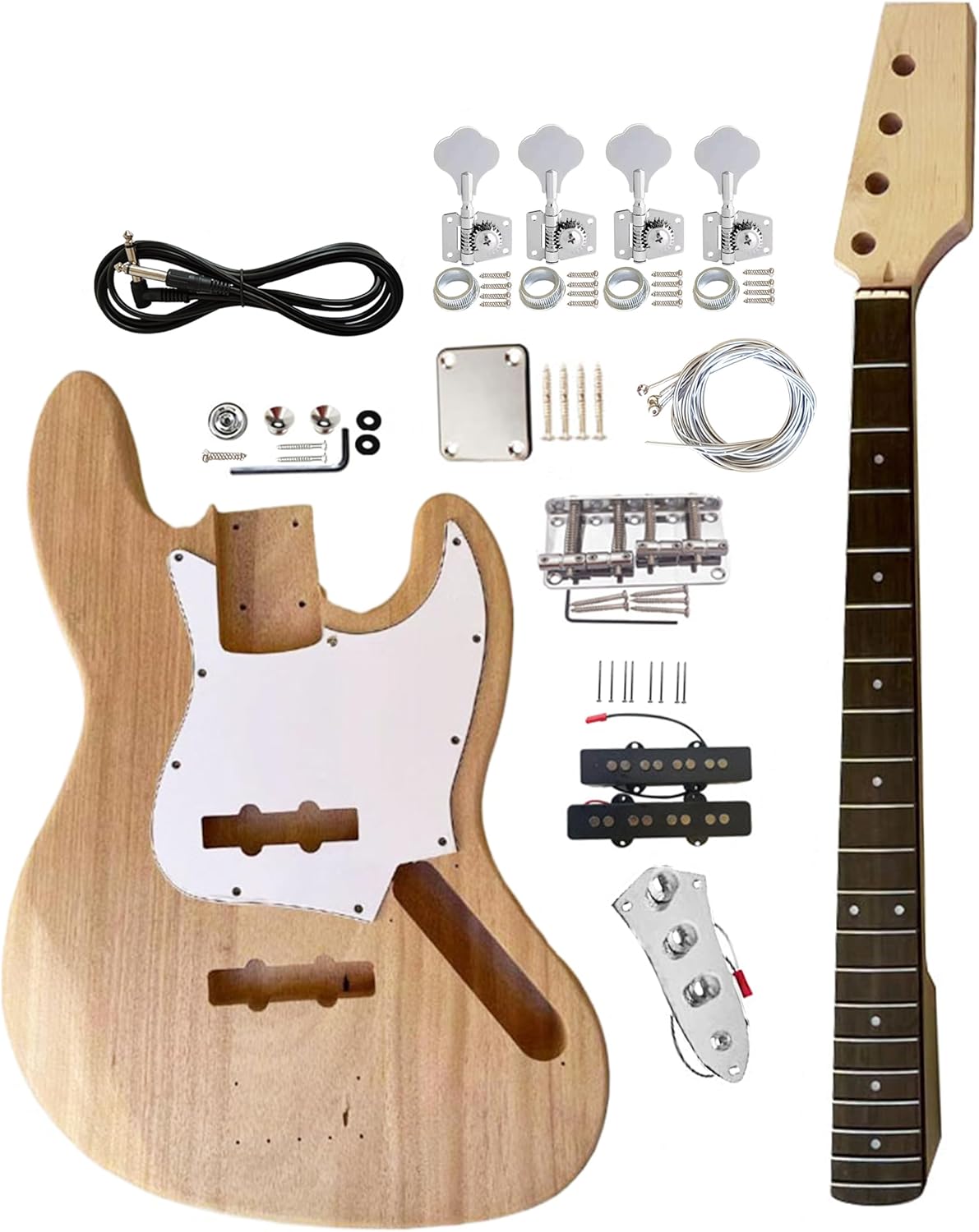 DIY JB Bass Style Beginner Kits Bass Guitar Kit 4 String Right Handed with Maple Neck Rosewood Fretboard Chrome Hardware Build Your Own Bass Guitar.