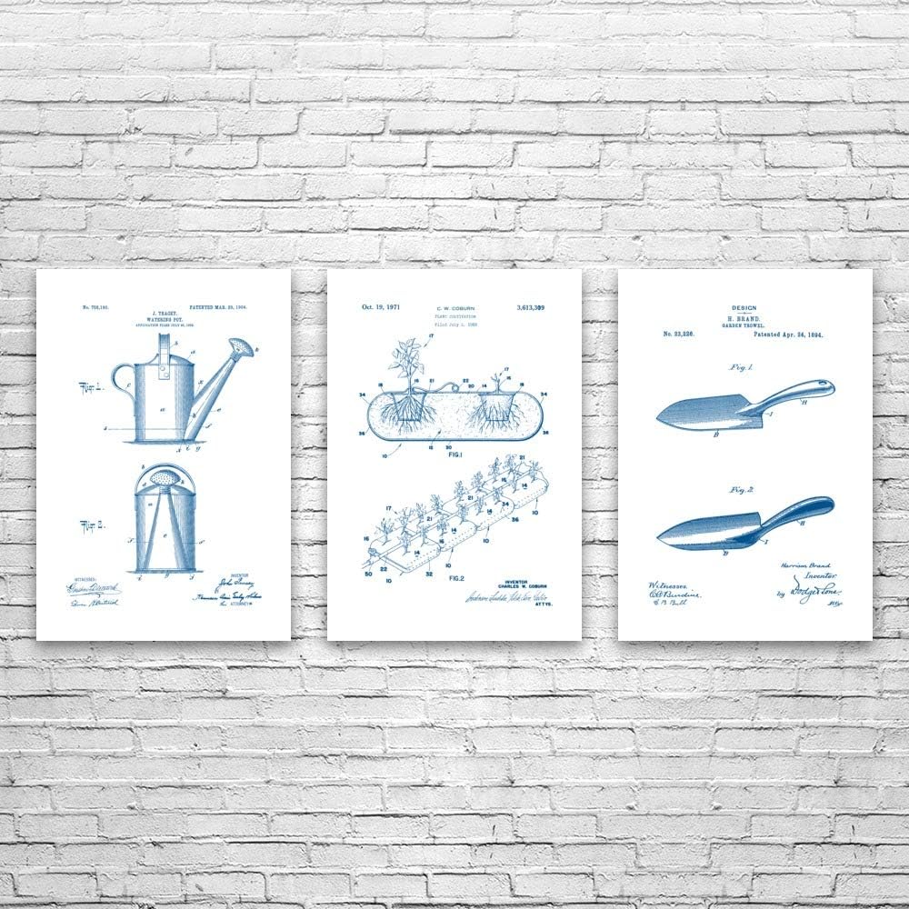 Patent Earth Gardening Posters Set of 3 (24x36), Gardener Gift, Greenhouse Decor, Florist Gift, Garden Wall Art, Greenhouse Art, Garage Art Blue & White