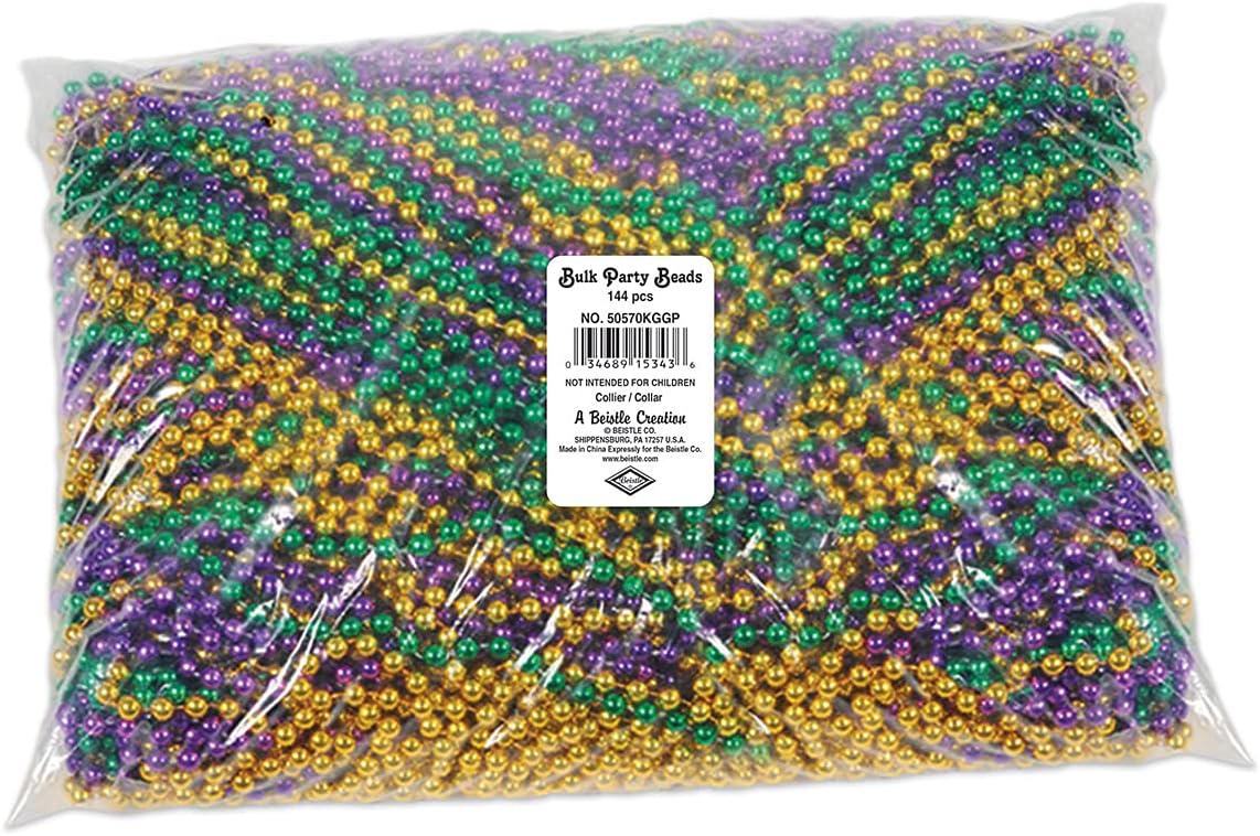 Beistle Mardi Gras Party Beads – 720 Pack, Small Round Plastic Bead Necklaces, Assorted Gold, Green, Purple Bulk Celebration Wear & Event Accessories for Parades, Festivals & Festive Décor, 33”