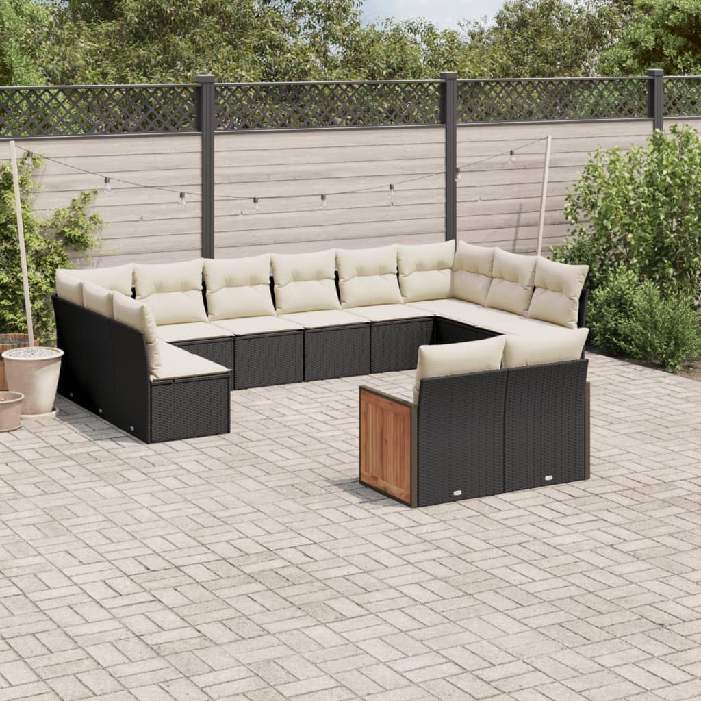 Black Poly Rattan Garden Sofa Set, Outdoor Patio Furniture Sectional Couch, 12-Person Seating, Weather-Resistant, Acacia Wood Accents for Terrace