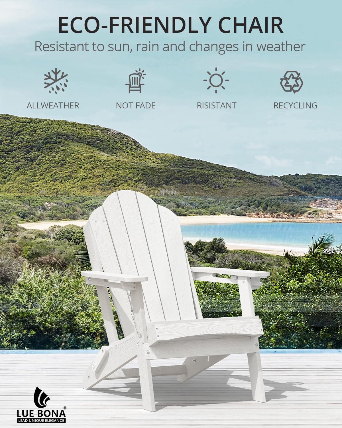 LUE BONA Folding Adirondack Chair, Chairs Set of 4, Cup Holder, Woodgrain, Fire Pit, Patio, Pool, White