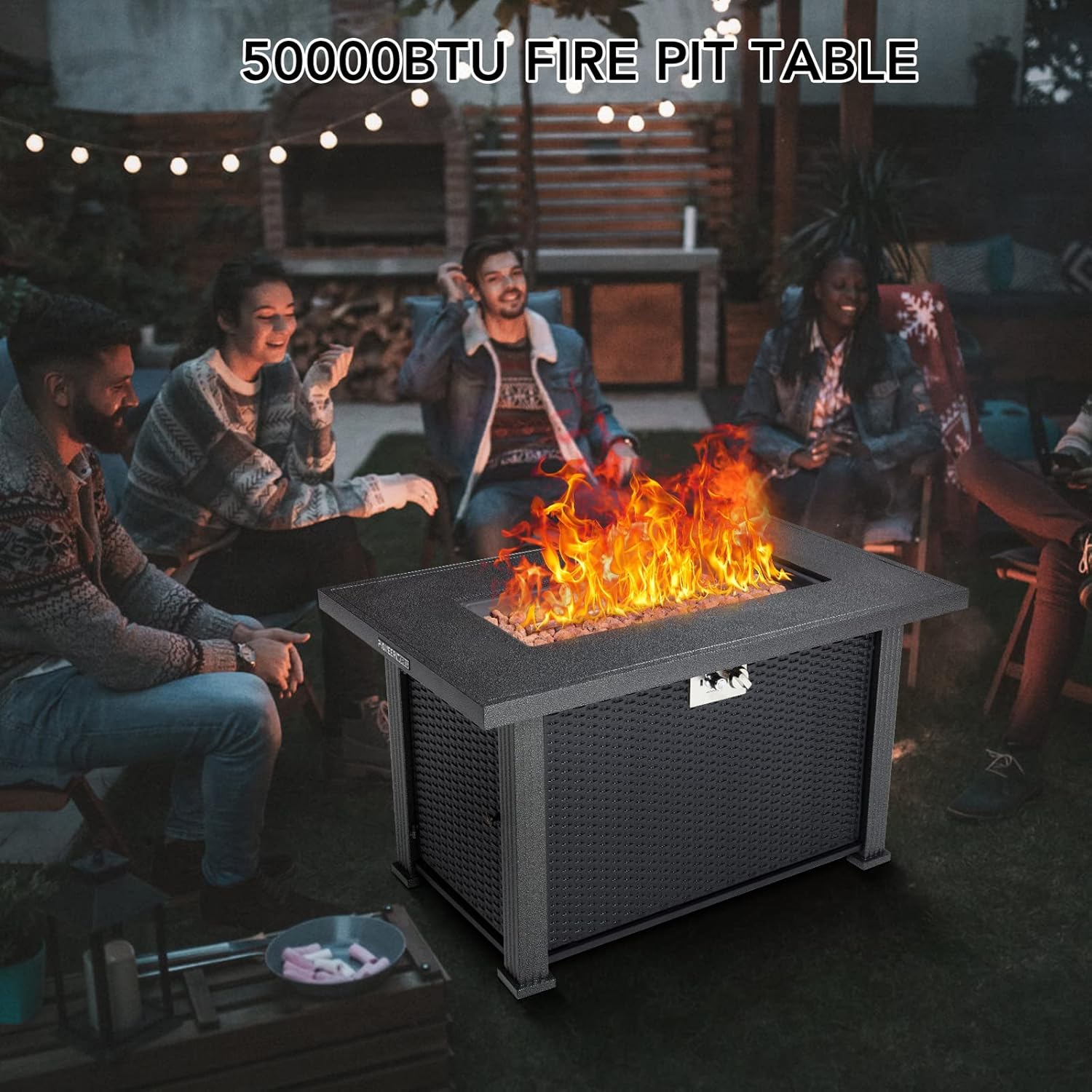 44 Inch Propane Fire Pit Table, 50000BTU Rectangle Fire Table with Cover & Rain Cover, Sturdy Steel and Iron Fence Surface, CSA Safety Certified, Companion for Your Garden