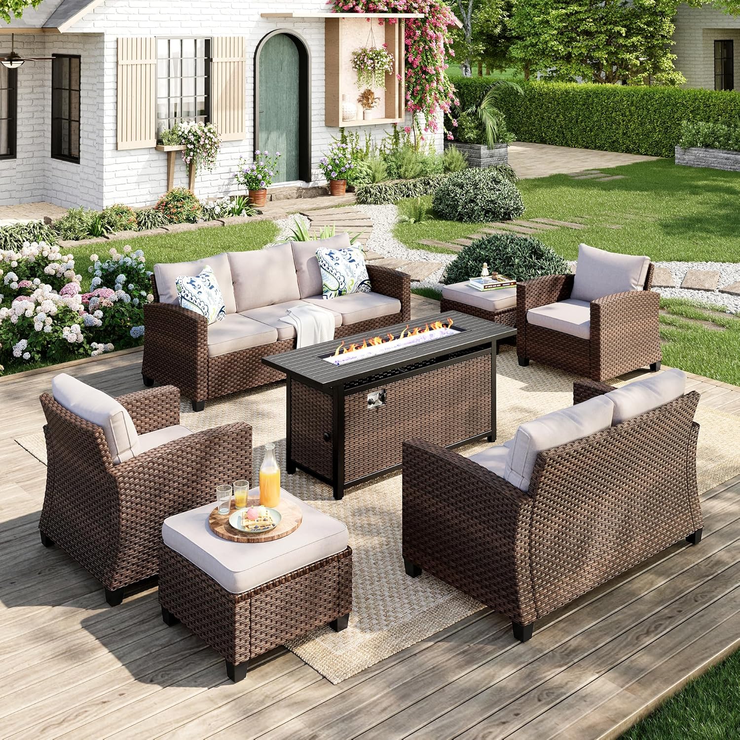 Patio Furniture Set, 7 Pcs Wicker Outdoor Conversation Set, 2 x Leg Chairs, 1 x 3 Seater Sofa, 1 x 2-Seat Lover Sofa and 2 x Ottomans with 4