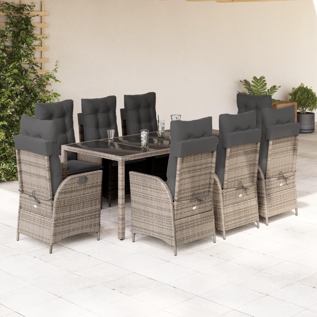 9 Piece Patio Dining Set with Cushions Gray Poly Rattan,Outdoor Dining Set with Adjustable Backrest Rattan Chairs and Glass Top Table Furniture Sets for Patio, Lawn & Garden