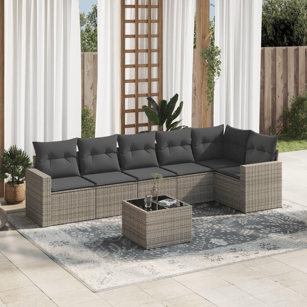 7-Piece Garden Sofa Set Grey Poly Rattan, Modular Outdoor Patio Furniture with Cushions, Durable Powder-Coated Steel Frame for Terrace, Dark Grey
