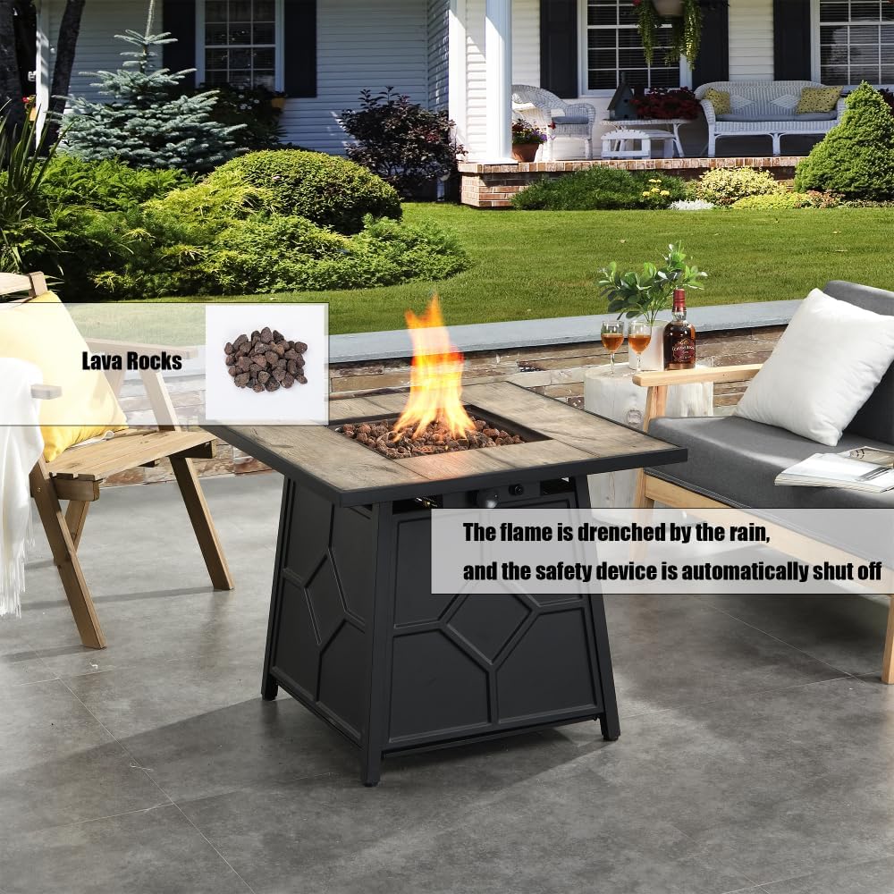 28-Inch Square Propane Fire Pit Table with Auto-Ignition, CSA-Certified Outdoor Gas Fire Table for Patio, Deck & Backyard (Grey + MDF+Iron)