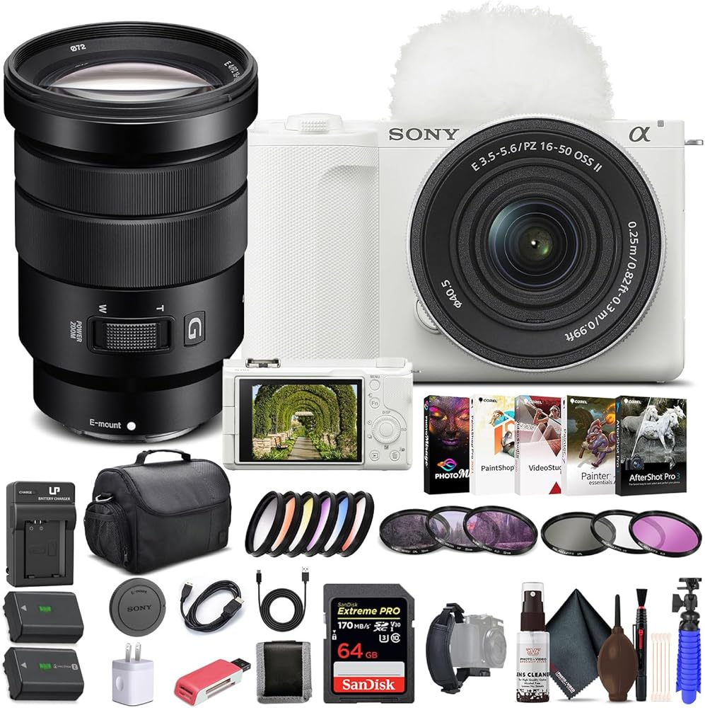 Sony Alpha ZV-E10 II Mirrorless Camera with 16-50mm Lens (White) (ZVE10M2KW) - Sony 18-105mm Lens, 64GB Memory Card, Color Filter Kit, Filter Kit, Photo Software, Bag, NP-FZ100 Battery, More