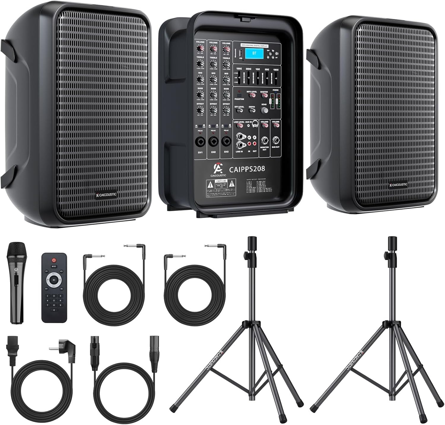 All-in-One 2-Way PA Speaker System DJ Mixer Bundle,300W 8-Channel Mixer Bluetooth, Amplifier Kit with 8