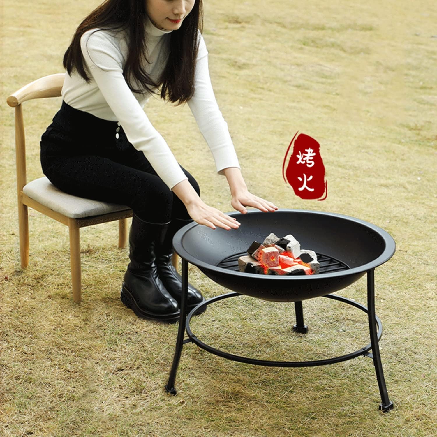 Indoor Fire Pit with Grill, Camping Stove, Large 56cm Garden Firepit, Outdoor Portable Brazier for Patio Heater Camping Bowl with Lid & Poker, Wood & Coal Burning