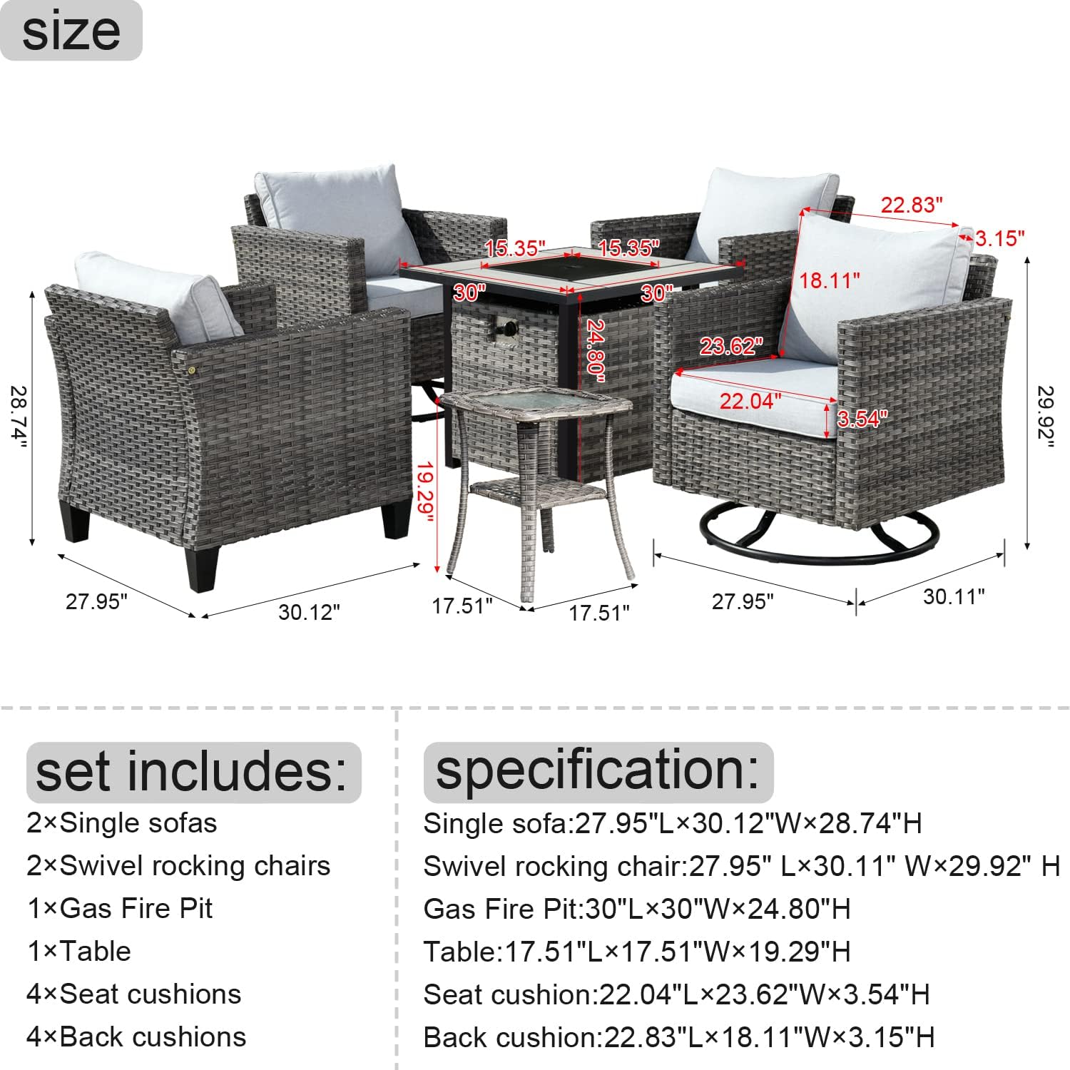 HOOOWOOO Patio Outdoor Conversation Set with Fire Pit Table,Small 6 Pieces Outside Furniture Single Sofa Set with PE Wicker Swivel Rocking Chairs,Gas Fire Pit Table and Coffee Side Table,Gray