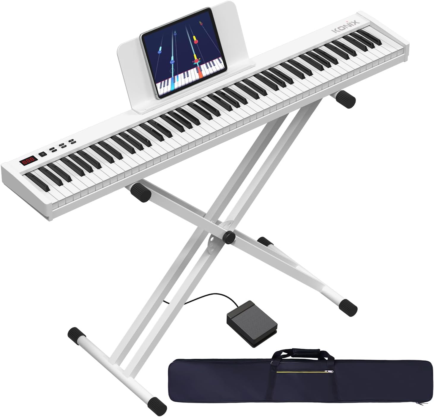KONIX 88 Key Semi Weighted Keyboard Piano, Full Size Digital Piano with Double X Stand, Portable Keyboard Piano for Beginner Include Sustain Pedal, Power Supply and Piano Bag - White