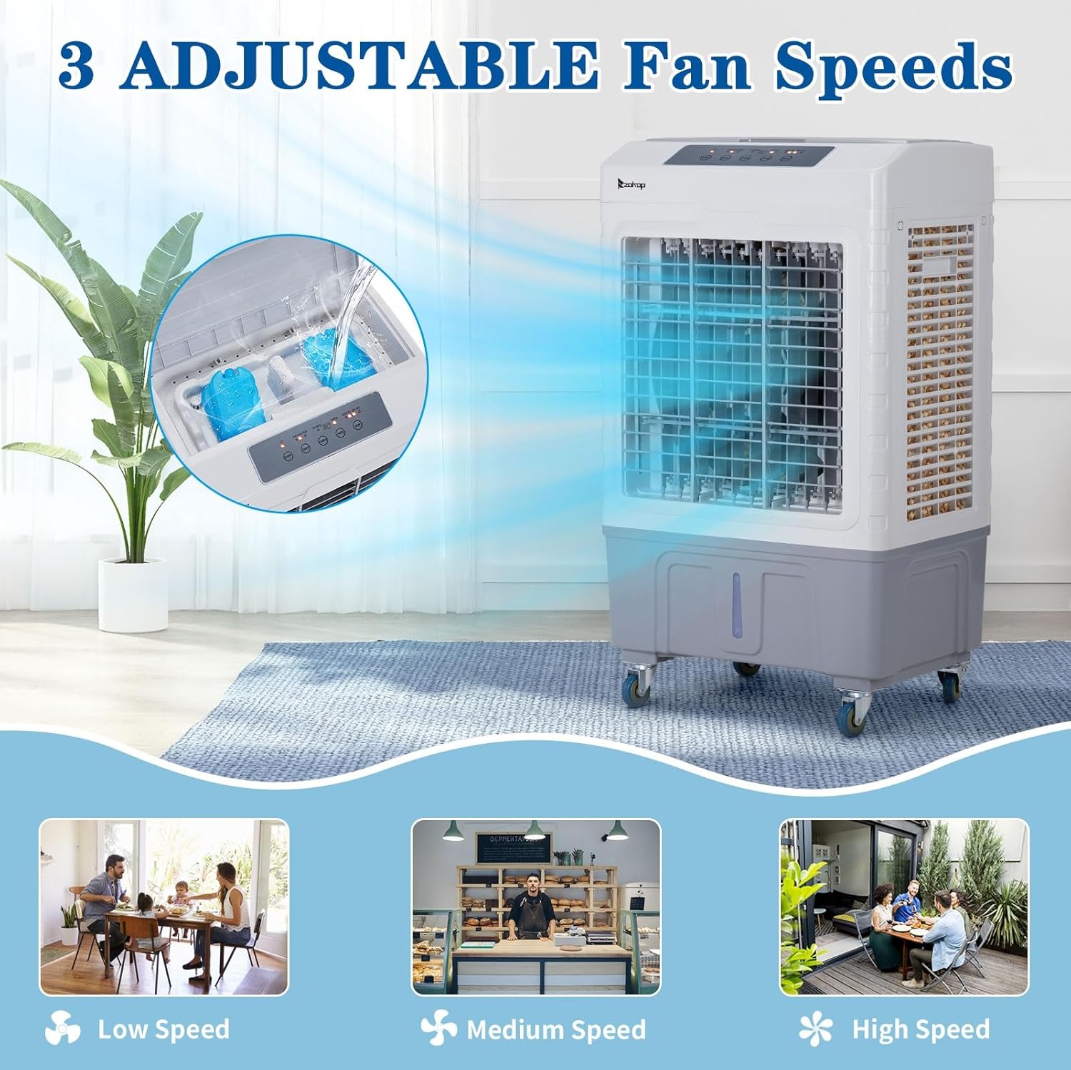 3 in 1 Portable Air Conditioners with Remote Control, Evaporative Air Cooler with 10.57 Gal Large Water Tank, 4 Ice Box & Scroll Casters, 3 Speeds & 7.5H Timer Cooling Fan for Home & Office