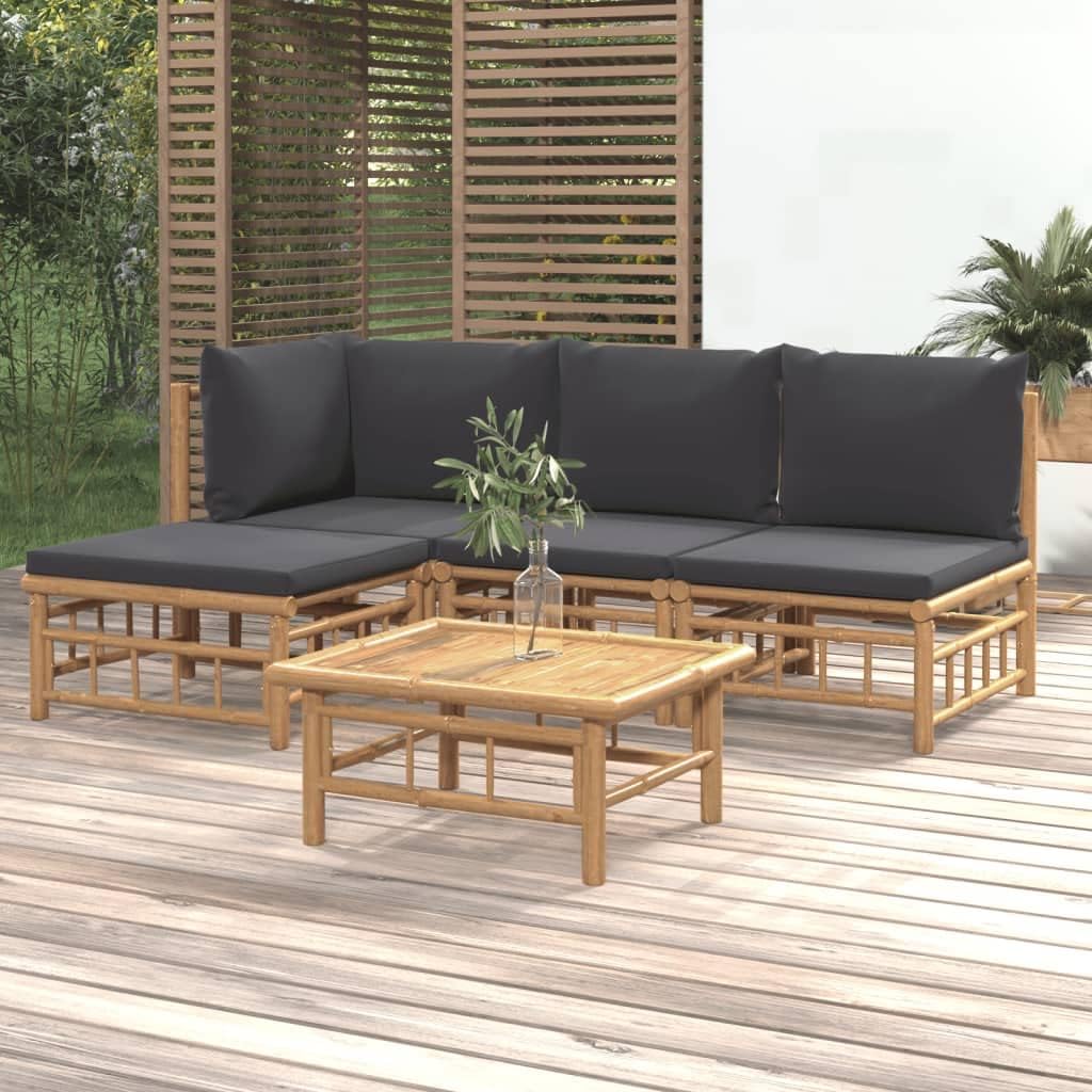 5 Piece Patio Lounge Set with Dark Gray Cushions Bamboo,Premium Bamboo Patio Lounge Set: Comfort and Style for Outdoor Living Patio Furniture Sets, Outdoor Furniture Sets