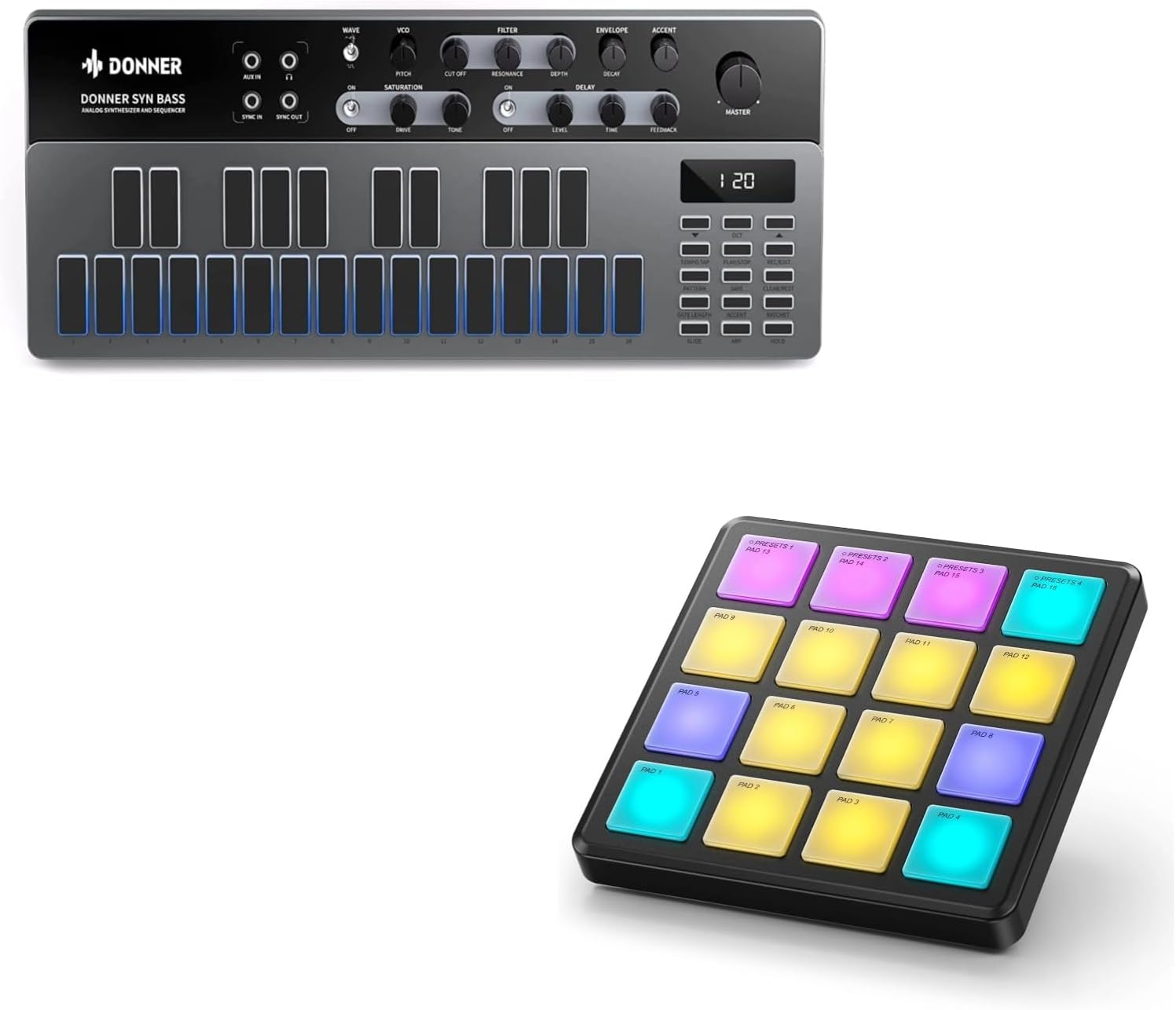 Donner Essential B1 Analog Bass Synthesizer+Donner MIDI Controller Pad Beat Maker Machine