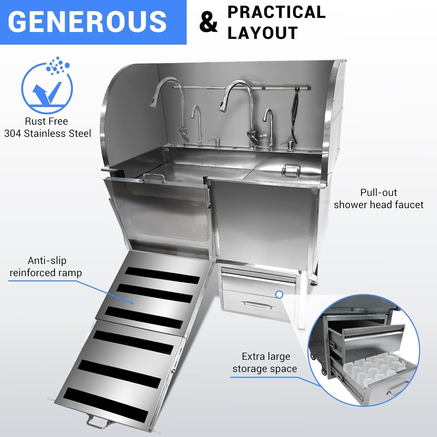 PioneerWorks 50” Dog Grooming Tub, Stainless Steel Dog Washing Station with Foldable Ramp, Large Drawers, Rich Accessory, Professional Grooming Tub for Large, Medium, Small Pets, Left Door