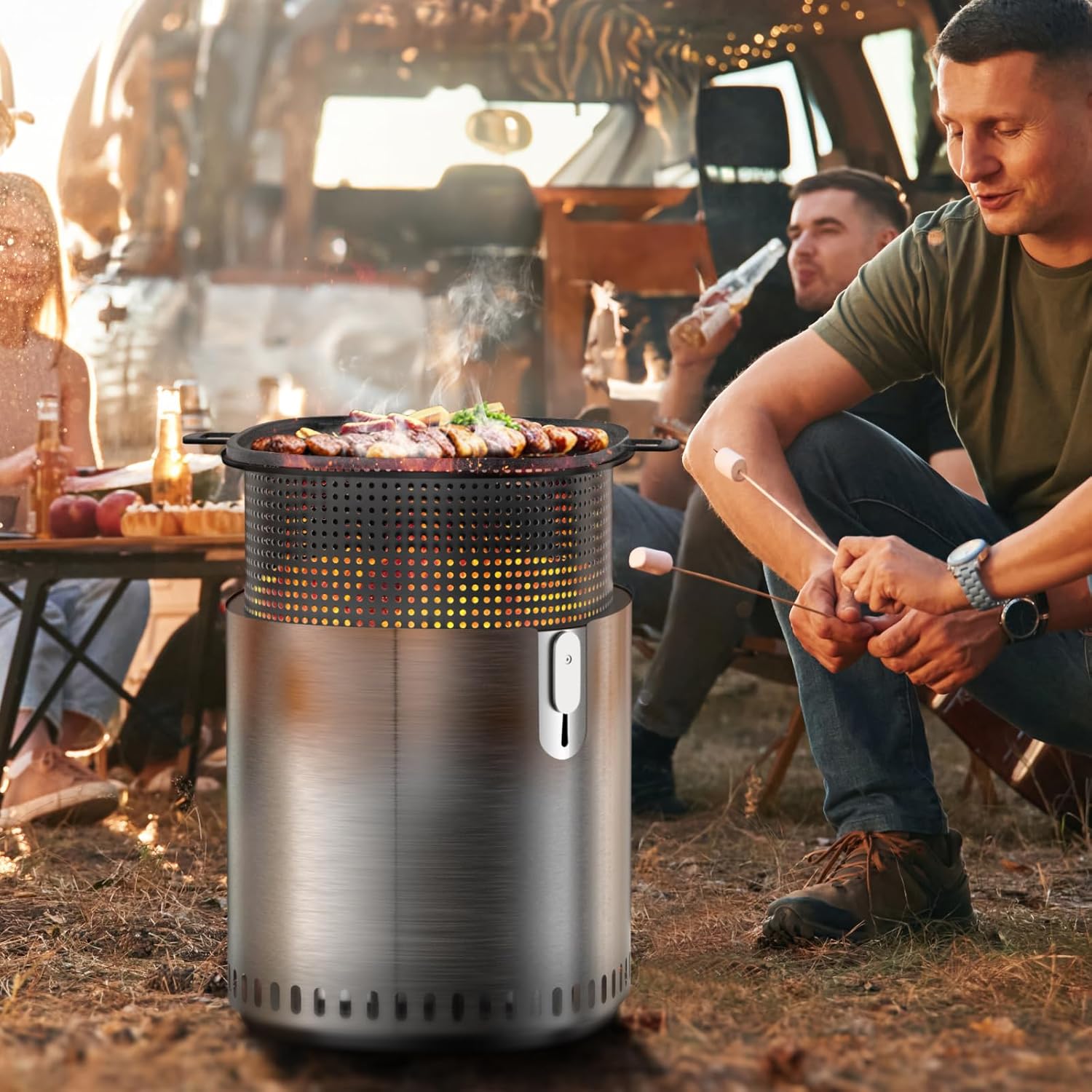 SUNBURY Smokeless Fire Pit for Outside w Grill Pan, Stainless Steel Adjustable Bonfire Wood Burning Fireplaces w Removable Ash Pan & Bag, 17in Large Outdoor Stove for Camping BBQ Family Gatherings