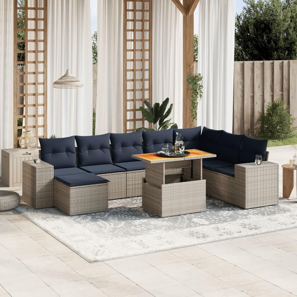 9 Piece Gray PE Rattan Patio Sofa Set, Modular Outdoor Furniture with Navy Cushions, Adjustable Dining Table, UV-Proof for Backyard Garden, All-Weather Durable