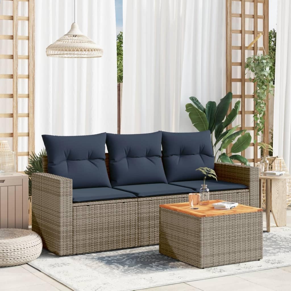 4 Piece Patio Sofa Set, Gray Poly Rattan Outdoor Furniture with Cushions, Acacia Wood Tabletop, Balcony Garden Lounge Seating